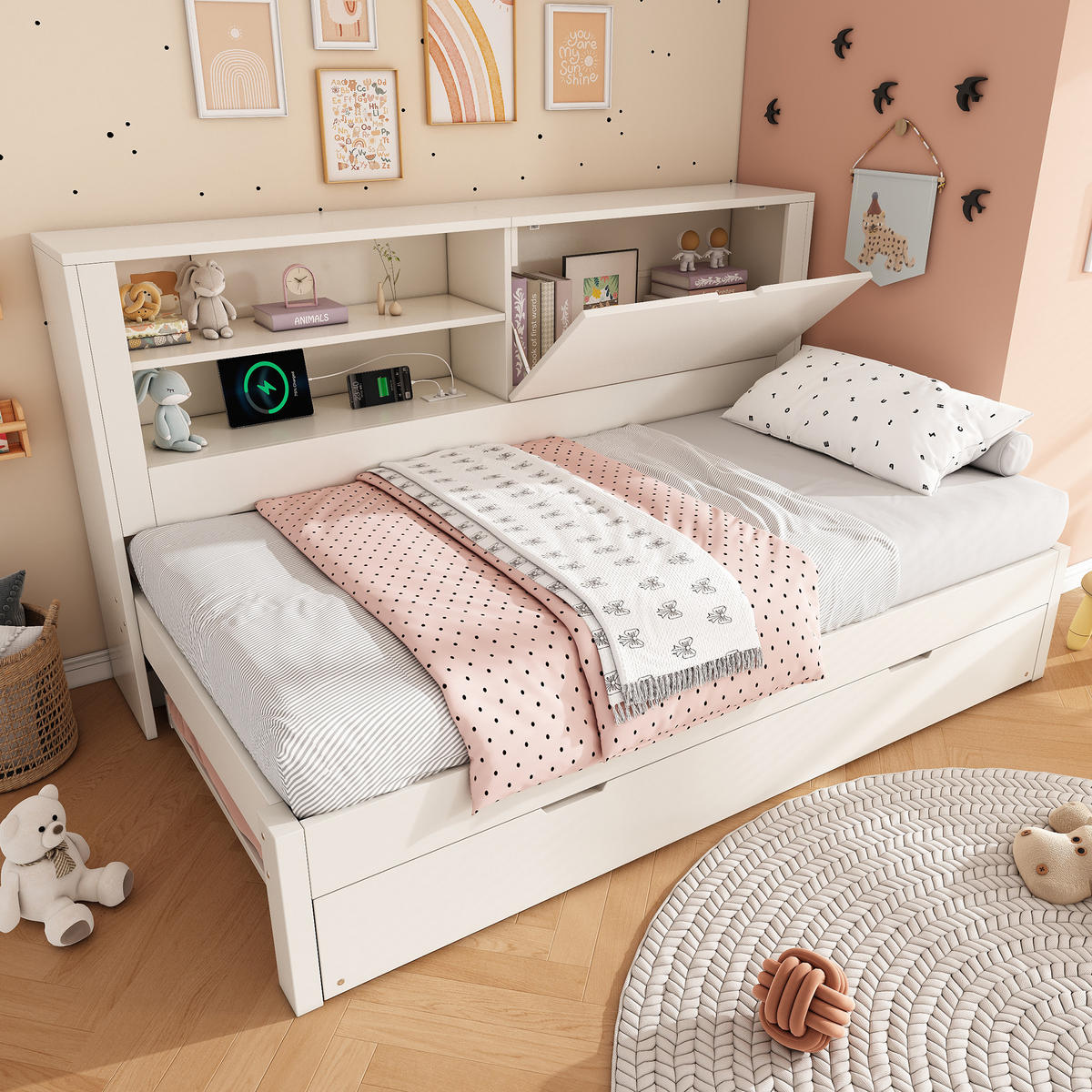 POLSTERBETT 90x190 cm in Weiß mit Ausziehbett & USB-Ladestation - Weiß, Holzwerkstoff (90/190cm) - Modfu