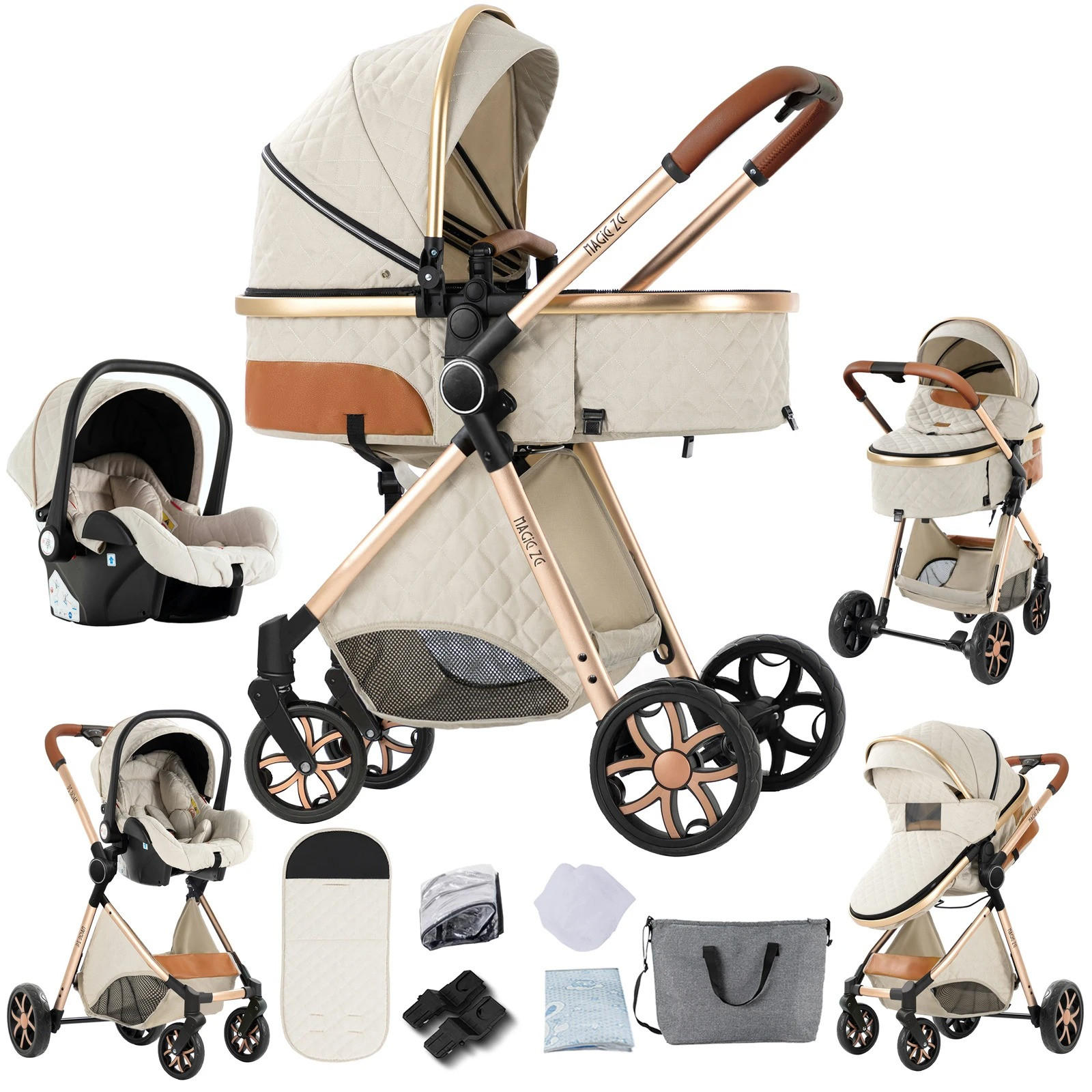 KINDERWAGENSET 3-in-1 mit Autositz, höhenverstellbarer Rückenlehne, wendbarem Sitz, Federung, Verdeck mit UV-Schutz für Babys, weiß - Weiß, Metall (80/60cm) - Kaket