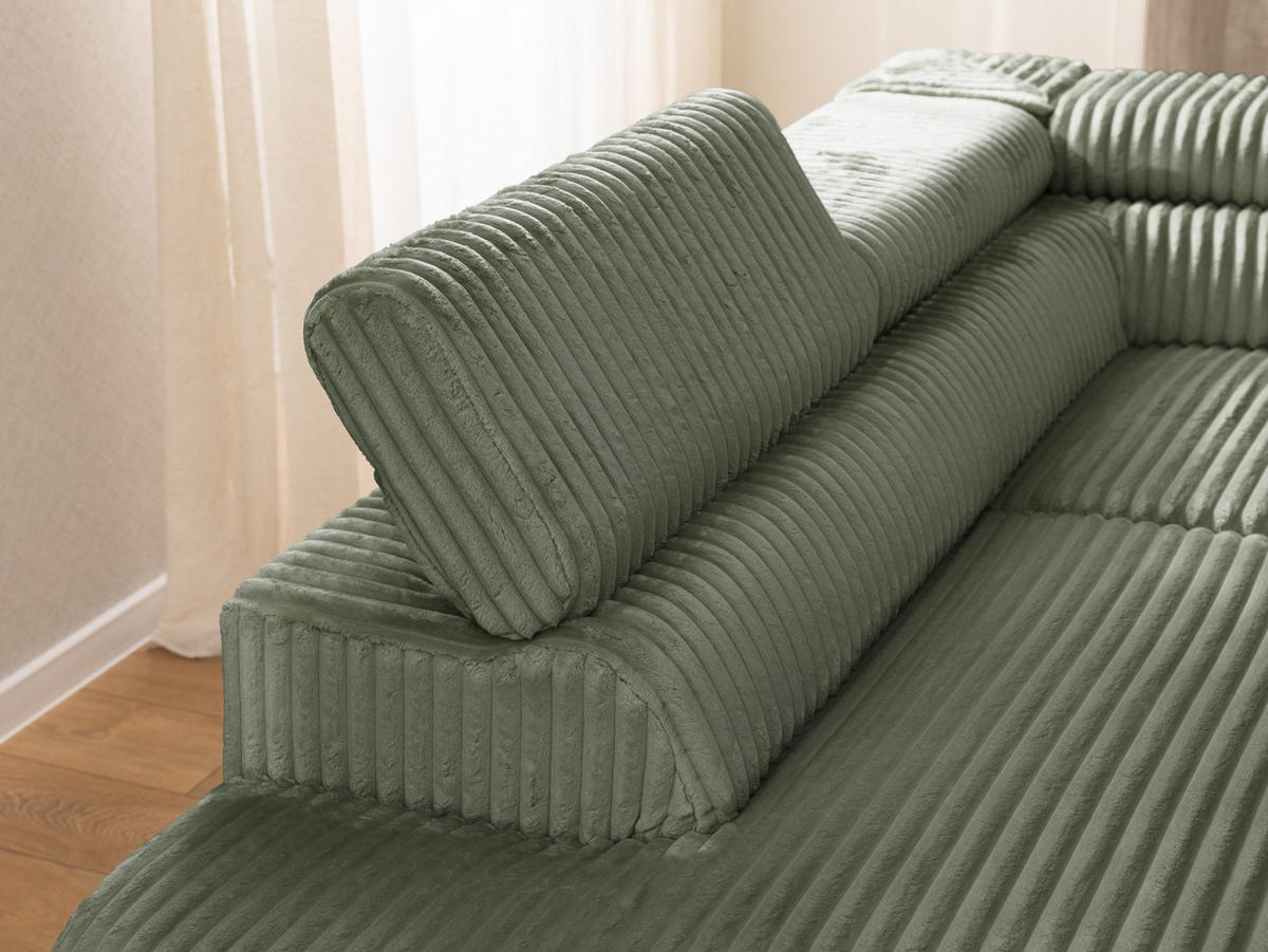 ECKSOFA mit Schlaffunktion und Bettkasten Bonnie aus Olive Cord-Stoff mit verstellbaren Kopfstützen und Armlehne - Ottomane links - Schwarz/Hellgrün, Holz/Textil (275/210cm) - S-Style Möbel