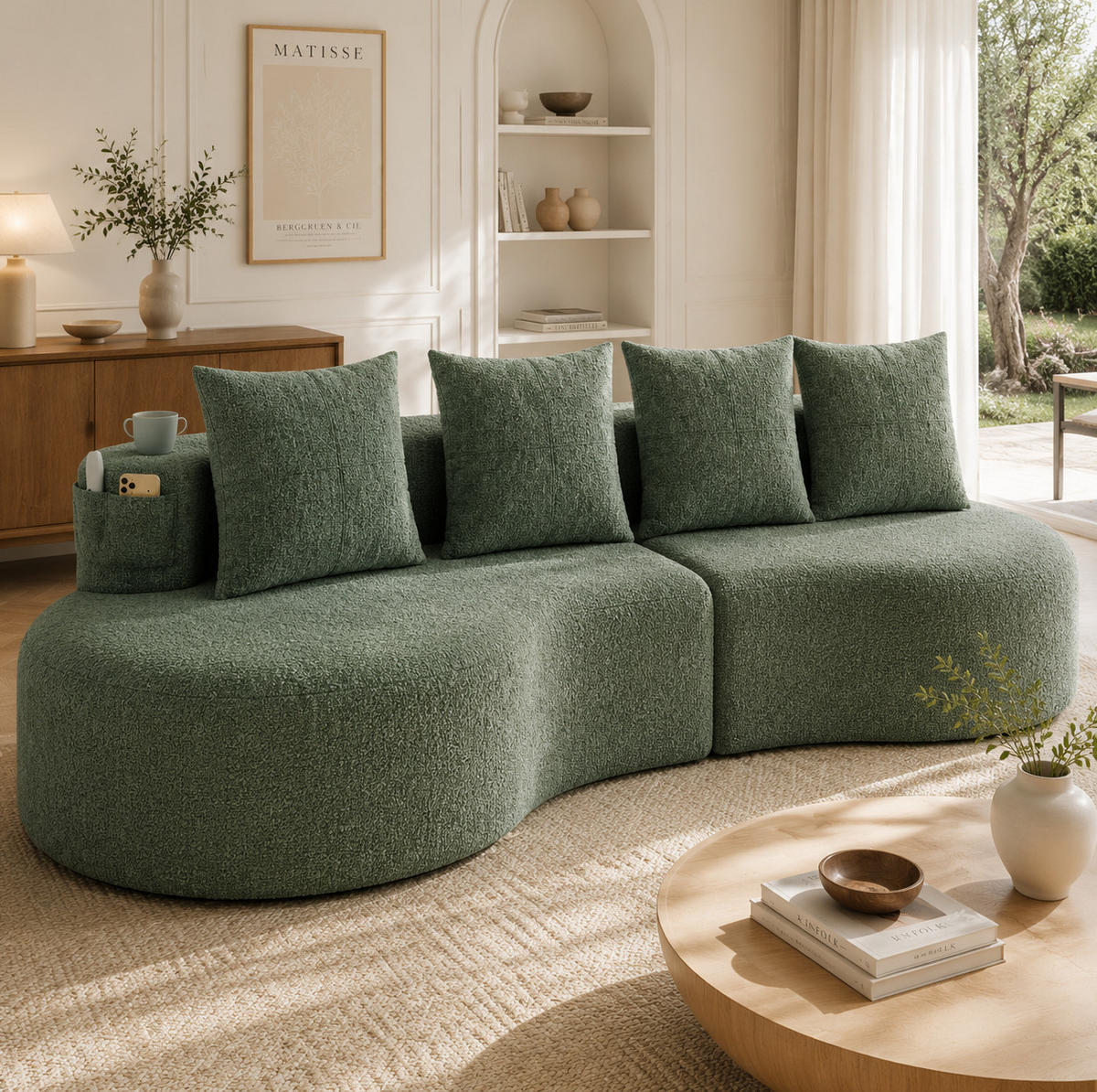 SOFA 240/109/63 cm in Grün aus Leinen mit 4 Kissen, Becherhaltern und Taschen - Grün, Textil (109/63/240cm) - Flora Grace