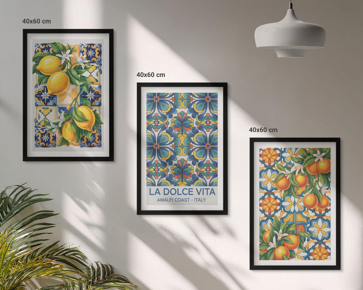 BILDER SET 3er Set - 40x60 cm Schwarzer Rahmen - Zitronen-Orangenblütenmuster - Schwarz, Kunststoff (40/60cm) - TULUP
