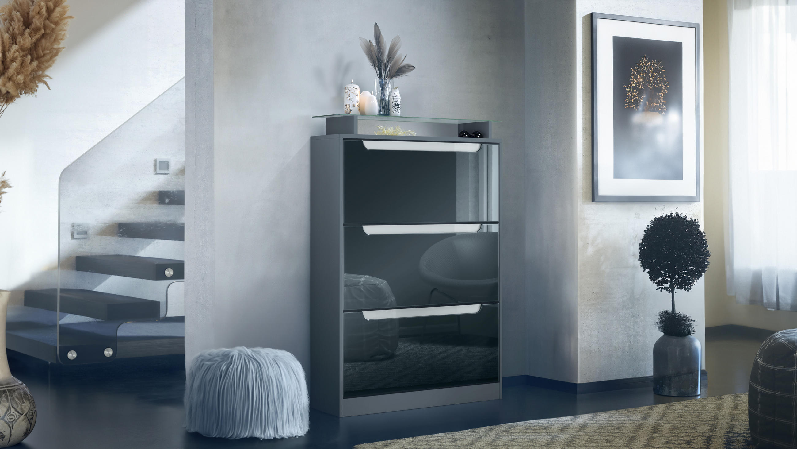 SCHUHSCHRANK Space Schwarz Hochglanz - Schwarz Hochglanz, Holzwerkstoff (89/128/23cm) - Vladon