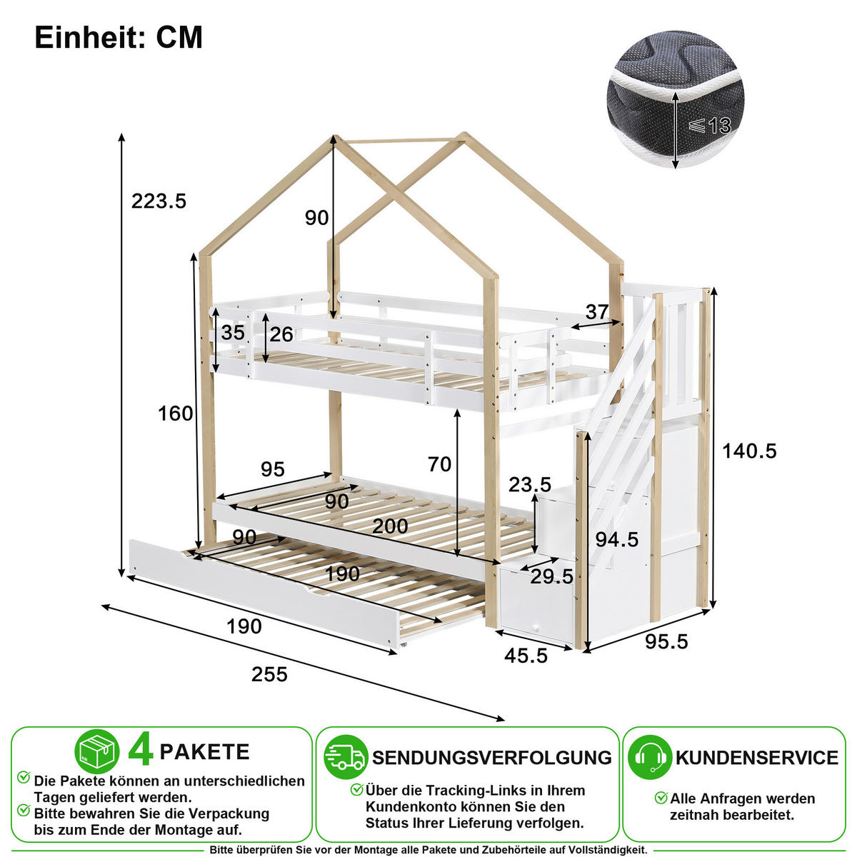 ETAGENBETT 90/200 cm & 90/190 cm in Weiß & Natur mit Ausziehbett und 4 Schubladen - Weiß/Naturfarben, Holz/Holzwerkstoff (90/200cm) - CHICFURN
