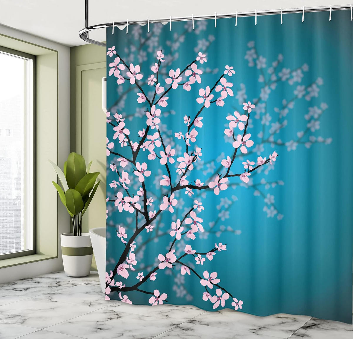 DUSCHVORHANG japanisch Muster Sakura Stoff Set Dekor Badezimmer mit Haken Blau Rosa - Blau, Textil (180/180cm) - MCBOSON