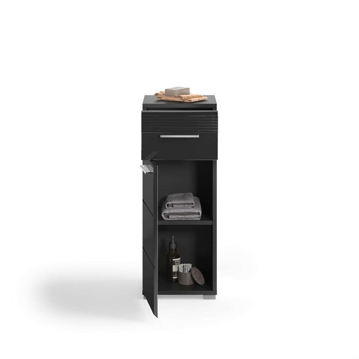 STANDSCHRANK Linus Bad in schwarz Nachbildung und schwarz hochglanz B/H/T: 30x79x30 cm - Schwarz, Holz (30/79/30cm)