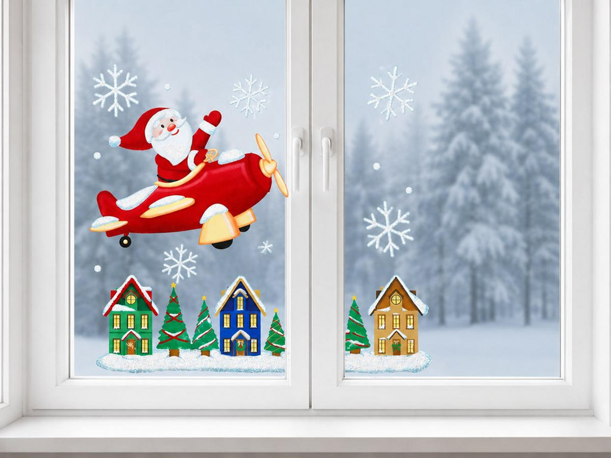 WEIHNACHTS-FENSTERAUFKLEBER Santa im Flugzeug, 40 cm - Rot, Kunststoff (40/40/1cm) - LAALU
