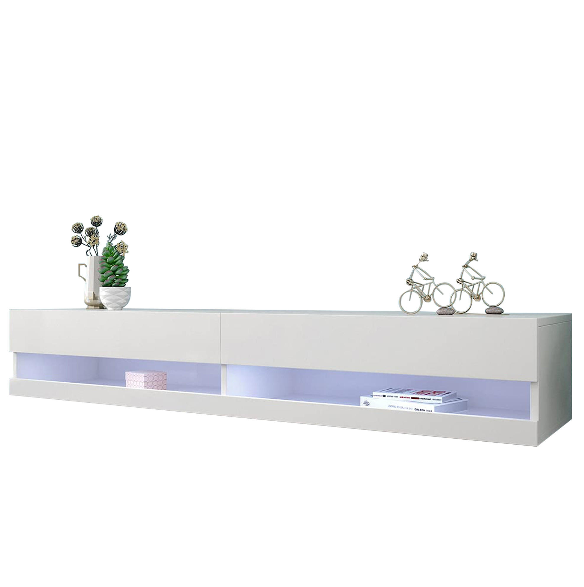 TV ormarić od MDF-a 140x40x30,5 cm bijela s LED rasvjetom, zidna montaža i visokosjajna prednja strana - bijela, drvni materijal (140/30.5/40cm) - Modfu