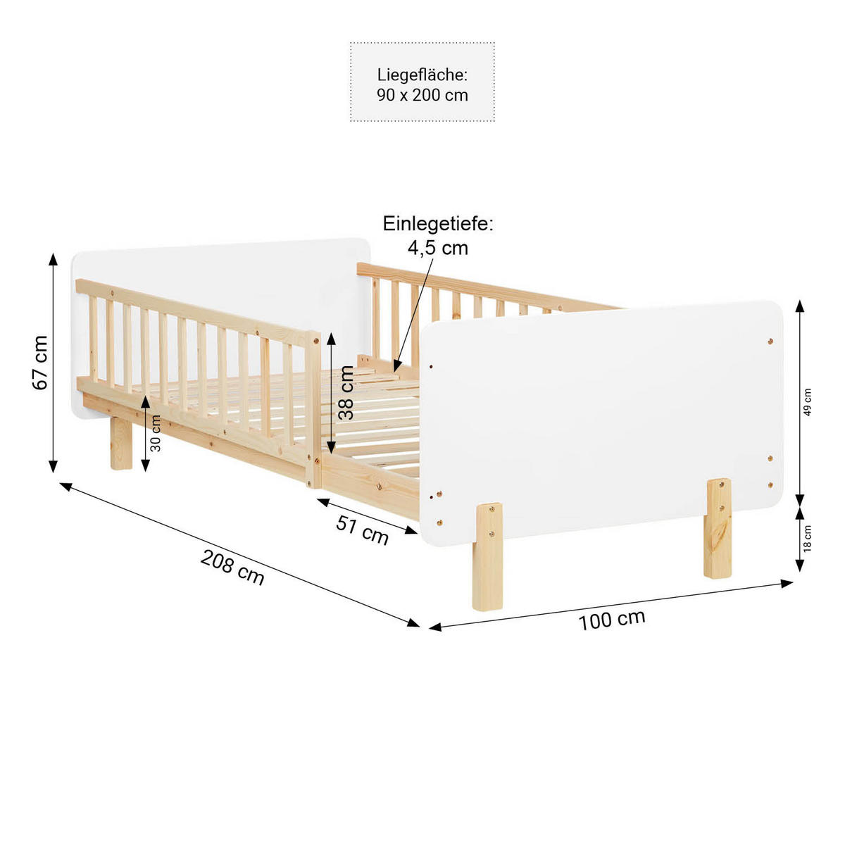 KINDERBETT Weiß 90/200 Lattenrost Matratze Rausfallschutz - Weiß, Holz (100/67/208cm) - Homestyle4u