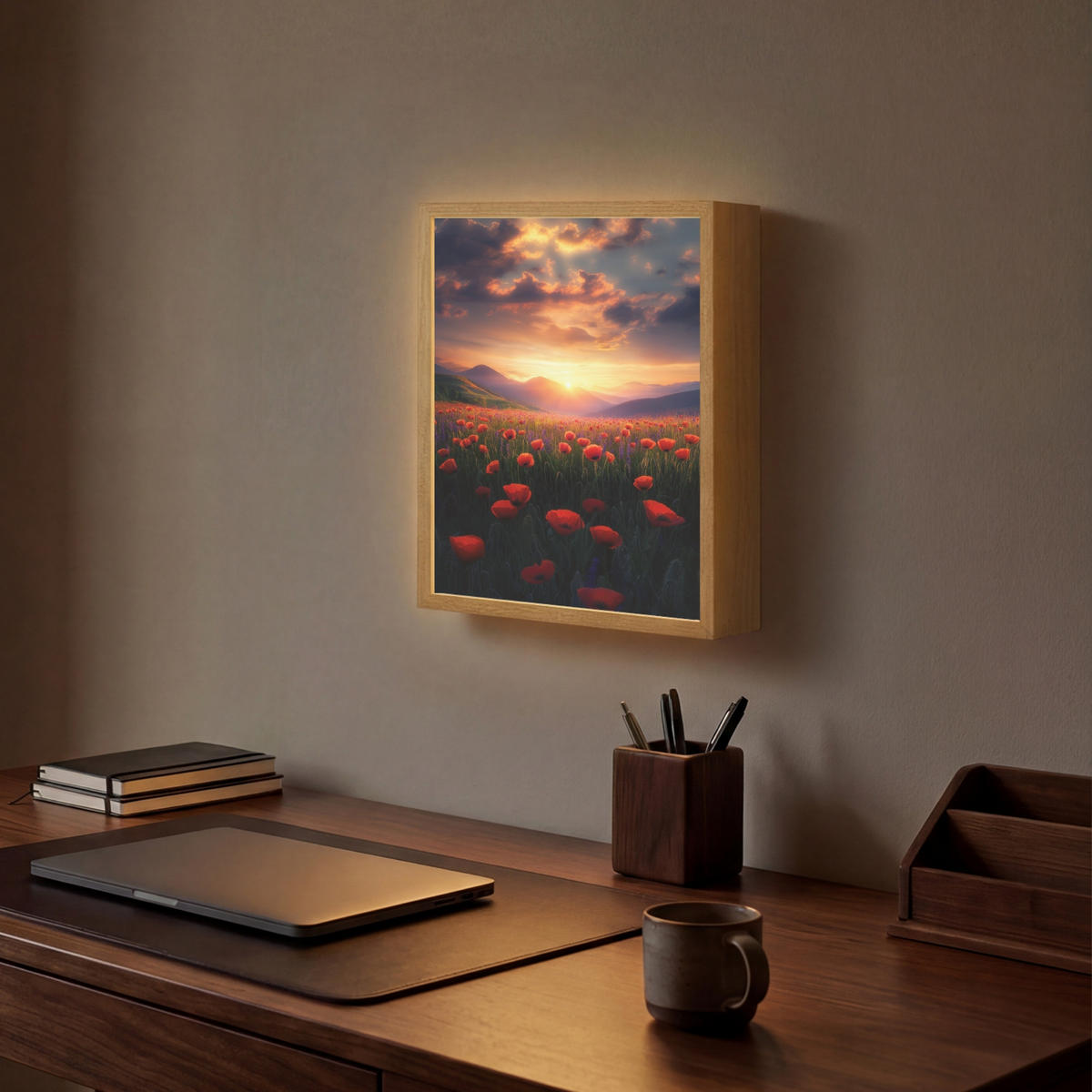 WANDLEUCHTE MIT AKKU Landschaft - Sonnenuntergang - Blumenfeld 30x40 cm - Rot, Holzwerkstoff (30/40/8cm) - OnlyWow