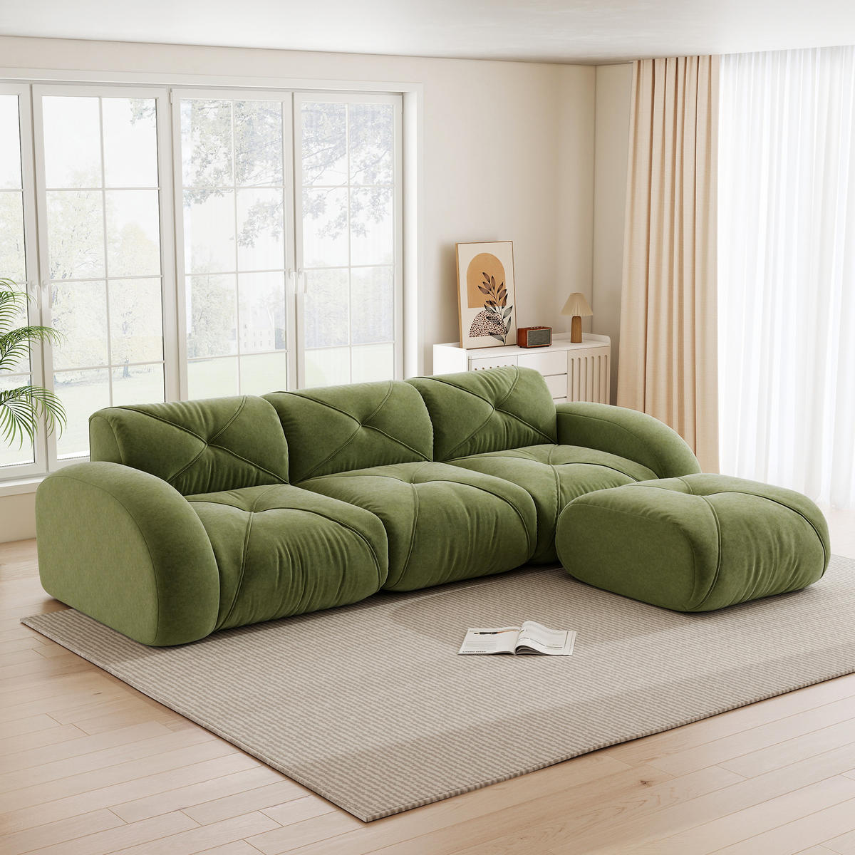 3-SITZER ECKSOFA Chenille Grün mit Hocker - Grün, Textil (281/171cm) - WISHDOR