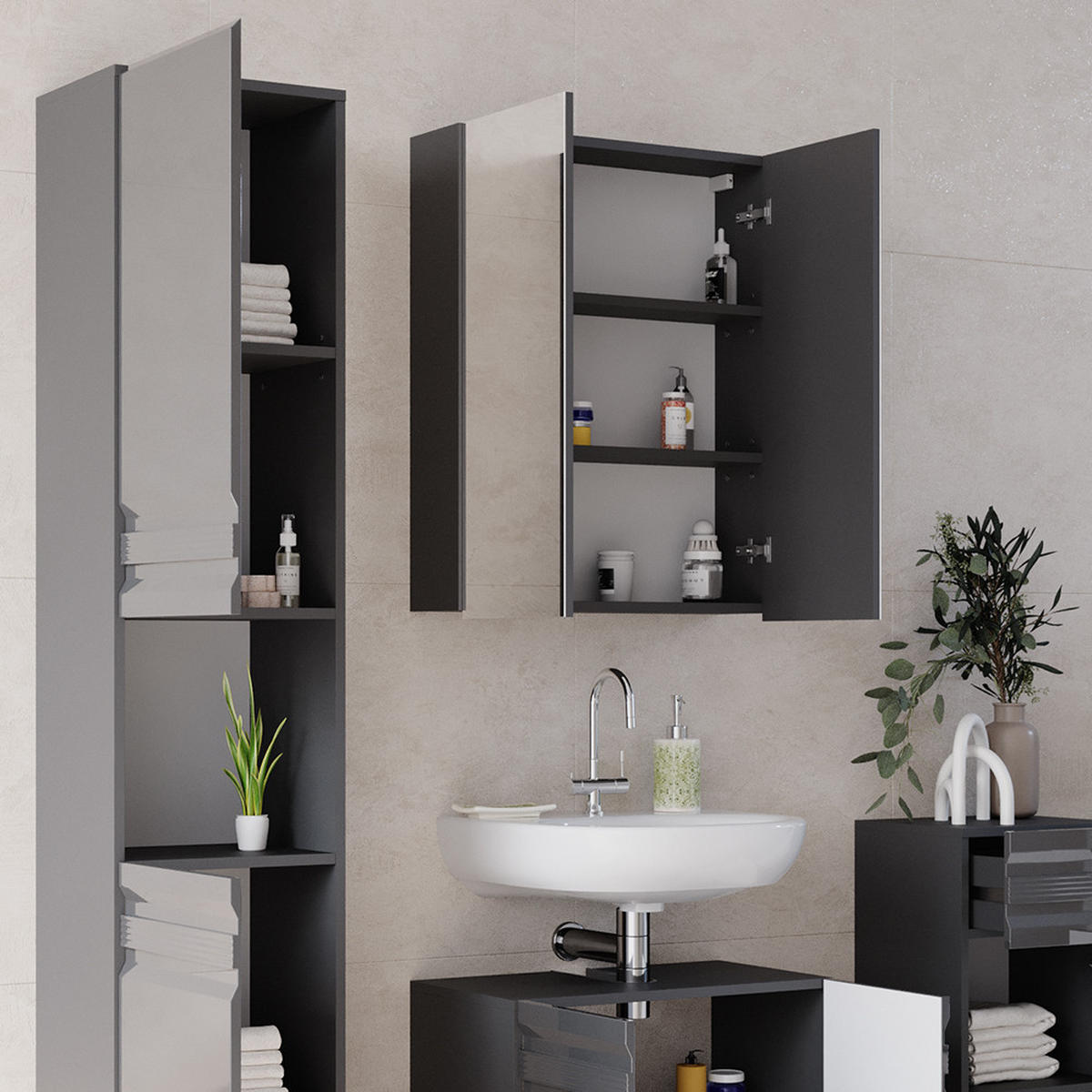 BADMÖBEL-SET Fredd Anthrazit Hochglanz 4 Teile - Schwarz Hochglanz, Holzwerkstoff (56/60/34cm) - Vicco