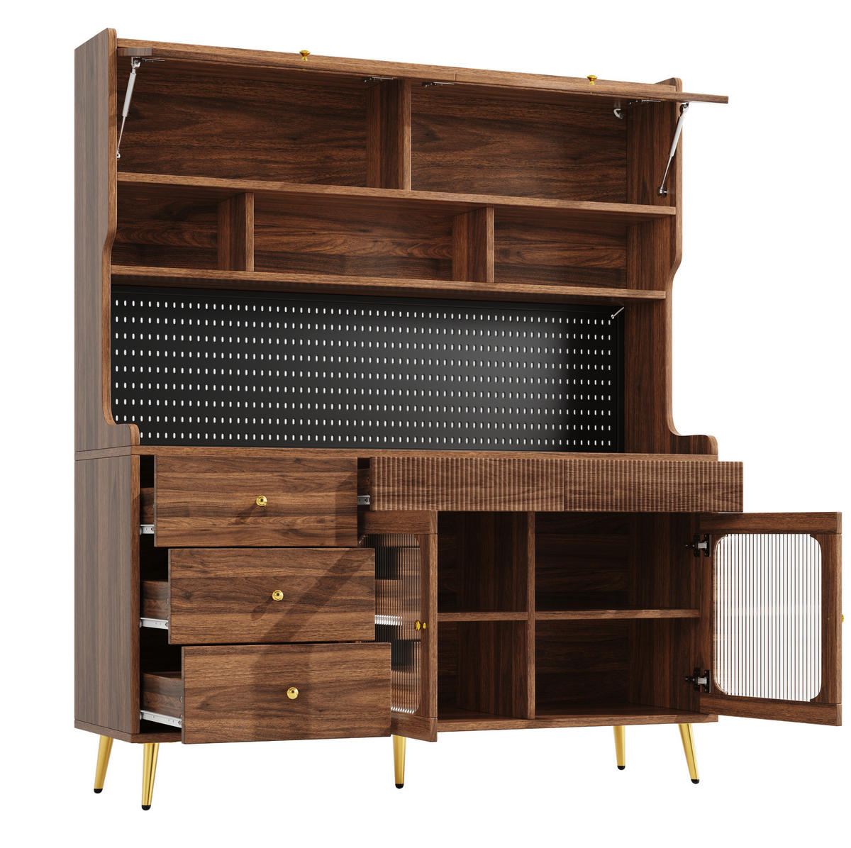 BUFFETSCHRANK 145/39/171 cm aus MDF und Glas mit Lift-up-Tür, RGB-LED-Beleuchtung, App-Steuerung und Lochwand, Walnuss - Walnussfarben, Holzwerkstoff (145/171/39cm) - Redom
