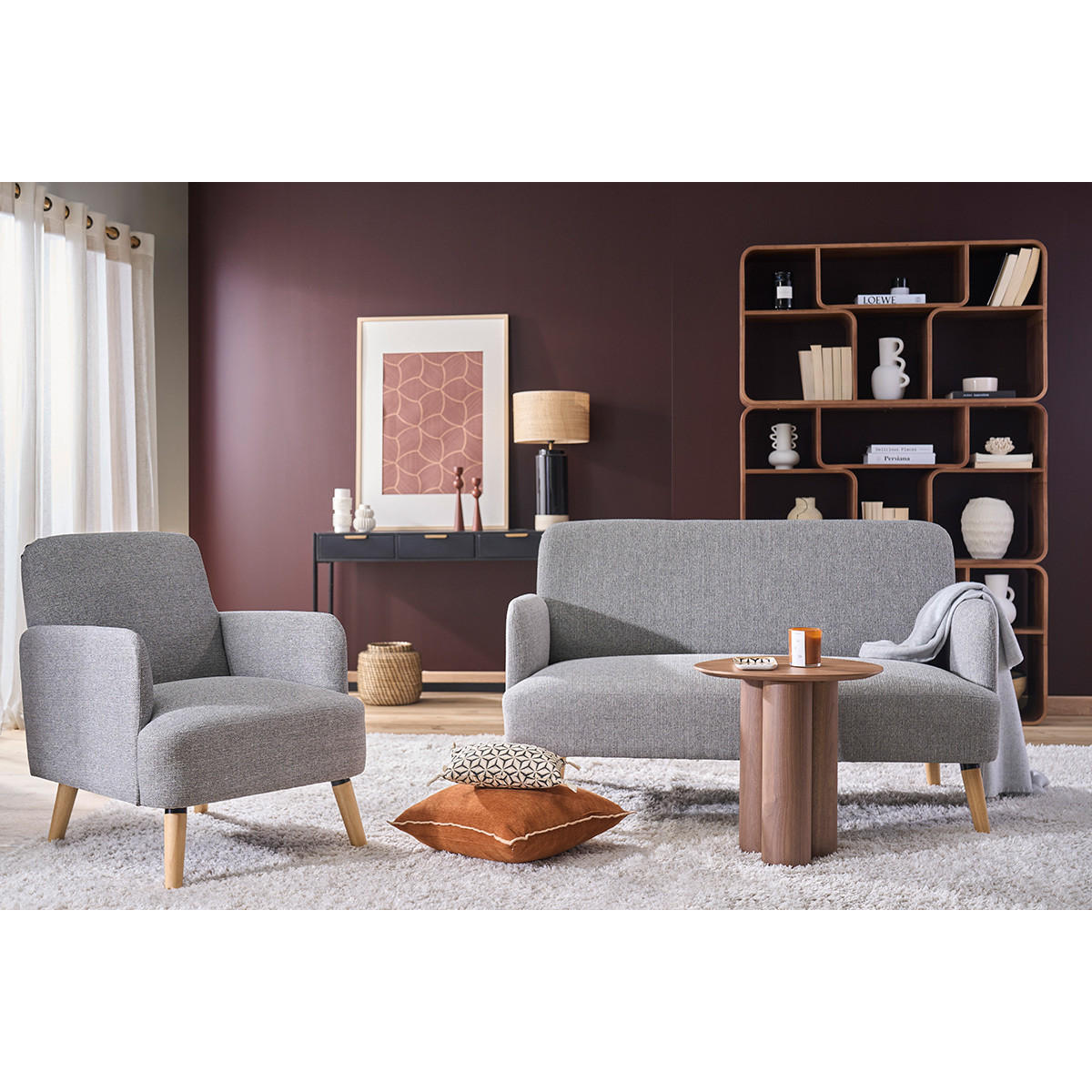 SESSEL skandinavisch Dunkelgrau Stoff Samteffekt helles Holz ISKO - Dunkelgrau, Textil (75.5/82/63cm) - Miliboo