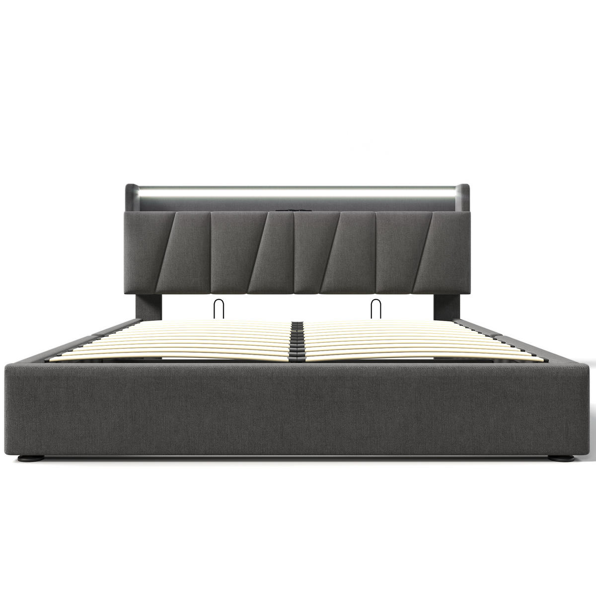 POLSTERBETT 140/200 cm grau mit Stauraum-Kopfteil und LED-Beleuchtung - Grau, Textil (140/200cm) - OKWISH