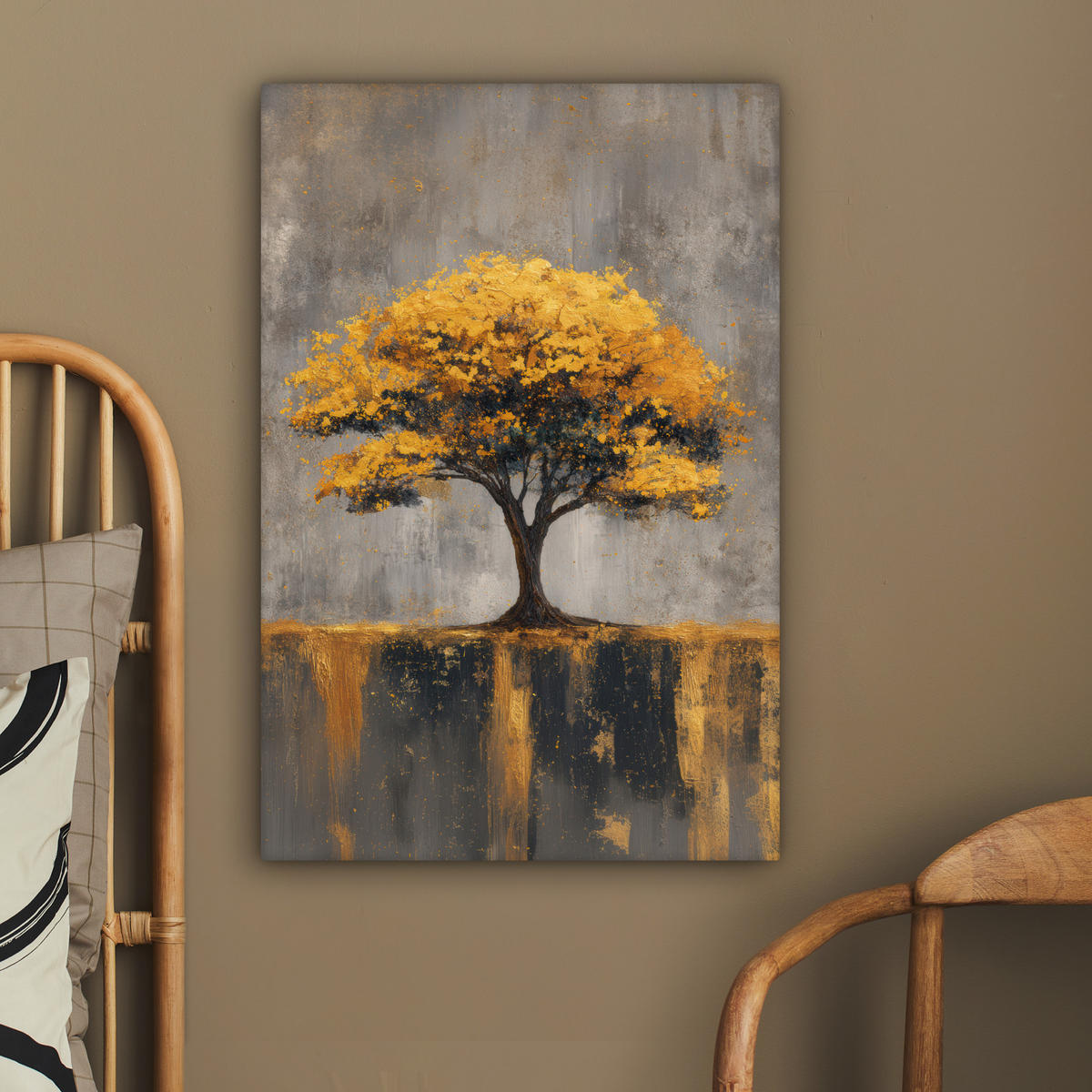 LEINWANDBILD Baum - Blätter - Gold - Abstrakt Wanddeko Schlafzimmer 60x90 cm - Grau, Textil (60/90cm) - MuchoWow