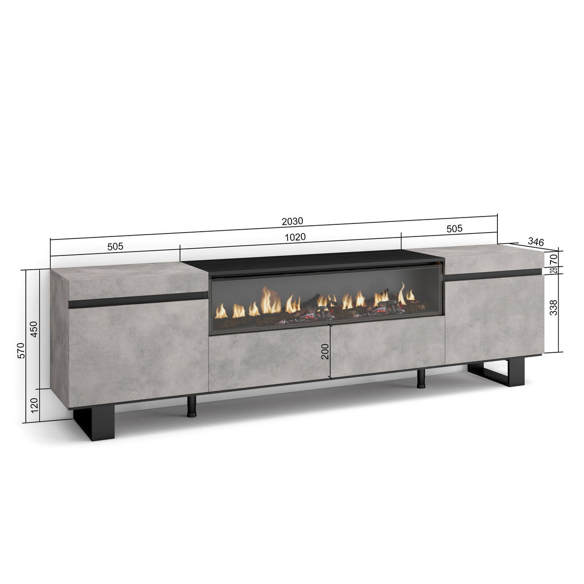 TV-SCHRANK zementgrau, mit Elektrokamin, 200/35/57cm - Hellgrau/Grau, Holzwerkstoff (200/57/35cm) - Skraut Home