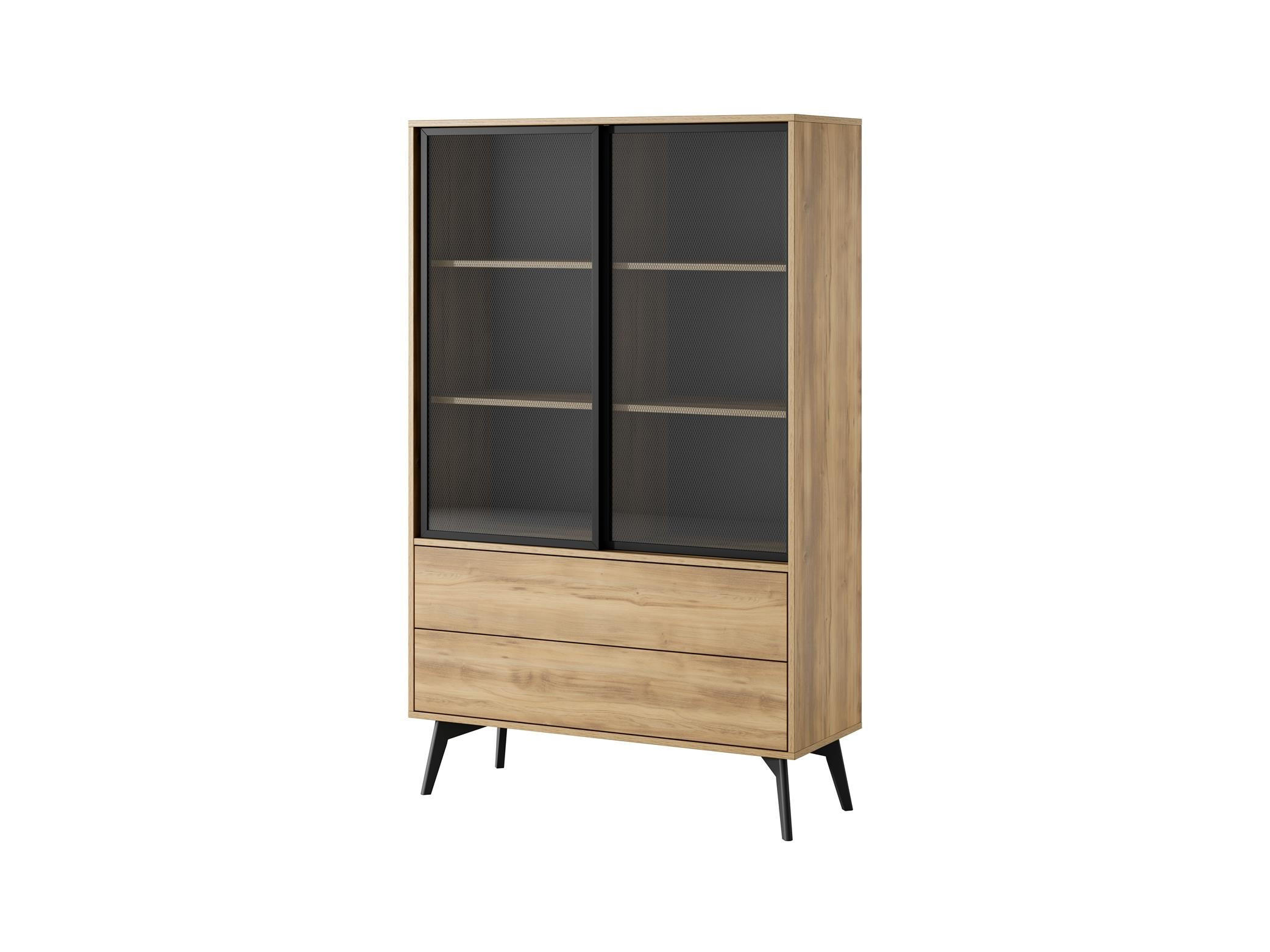 VITRINE Swift Golden Eiche, zweitüriger Schrank mit Schubladen, mit LED - Schwarz/Braun, Holzwerkstoff (100/165/39cm) - Bettso