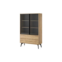 VITRINE Swift Golden Eiche, zweitüriger Schrank mit Schubladen, mit LED - Schwarz/Braun, Holzwerkstoff (100/165/39cm) - Bettso