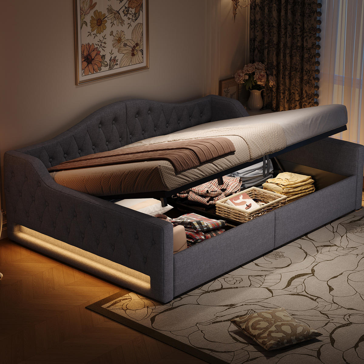 POLSTERBETT 140/200 cm Grau mit LED-Beleuchtung und Stauraum aus Leinen - Grau, Holzwerkstoff (140/200cm) - OKWISH