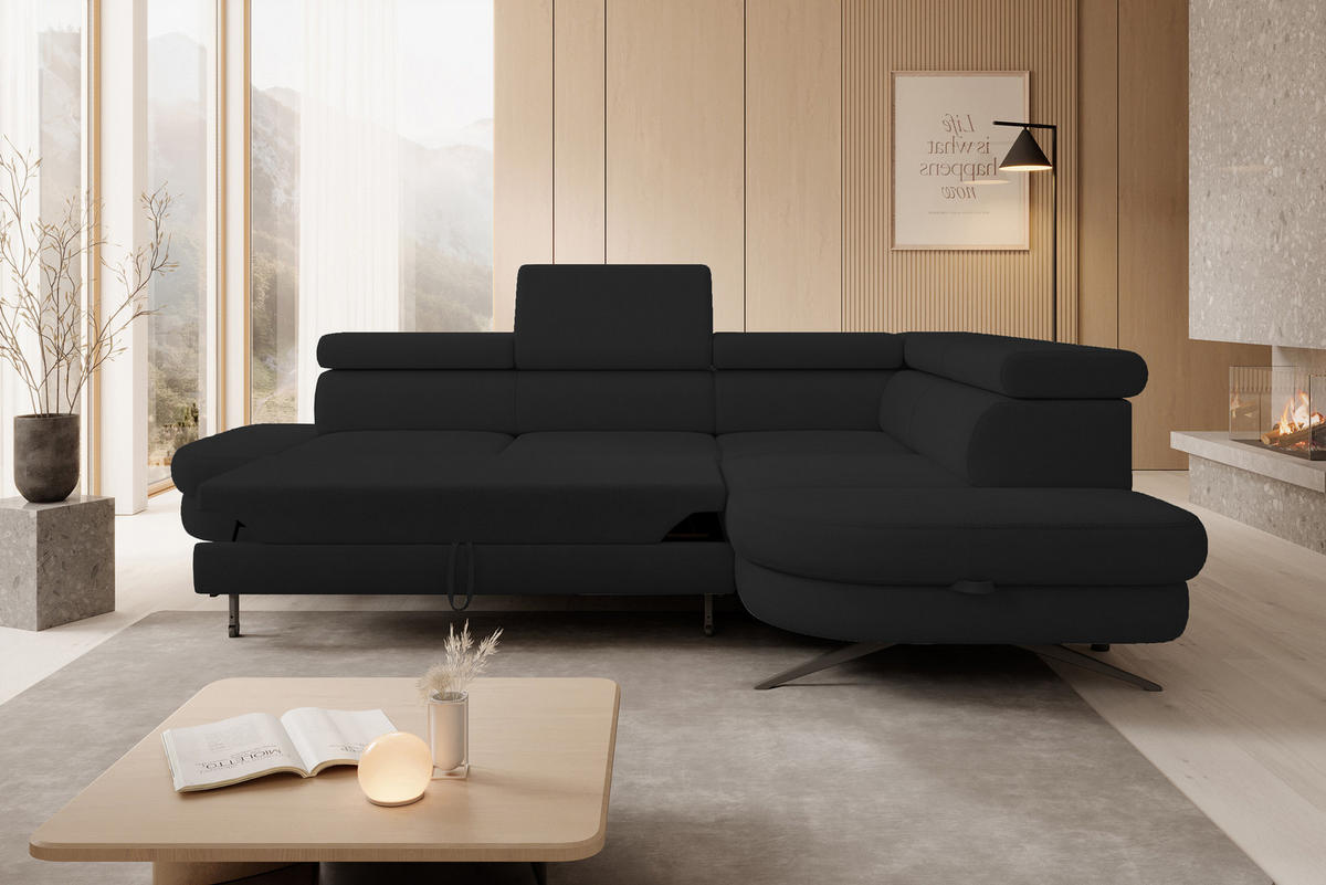 ECKSOFA OTIS L-förm, Schlaffunktion, verstellbare Kopfstützen, in AURORA-Stoff, lose Rückenkissen, freistehend, RECHTS 276x218x97 cm Black - Schwarz, Holz/Textil (276/218cm) - DomoHome