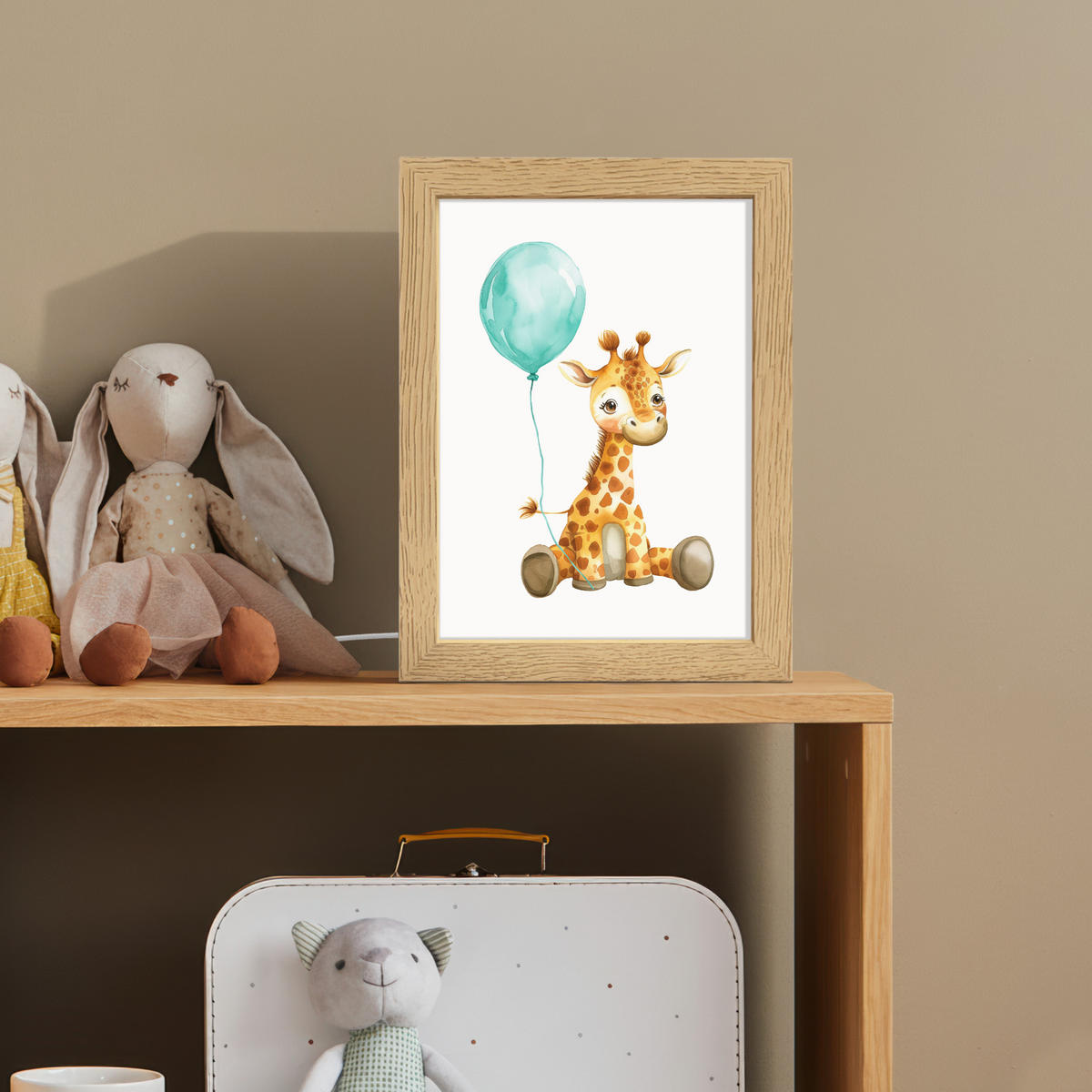 NACHTTISCHLAMPE Giraffe - Baby - Tiere - Blauer Ballon 15x20 cm - Weiß, Holzwerkstoff (8/15/20cm)