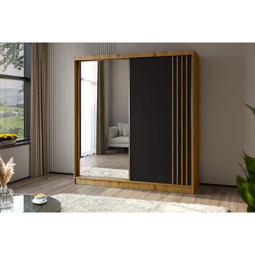 SCHWEBETÜRENSCHRANK Nela II 200/216/61 eiche artisan mit Schubladen - Schwarz/Eiche Artisan, Holzwerkstoff (200/216/61cm) - Beautysofa