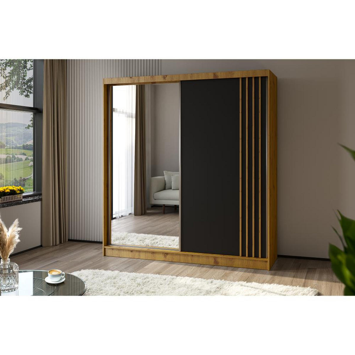 SCHWEBETÜRENSCHRANK Nela II 200/216/61 eiche artisan mit Schubladen - Schwarz/Eiche Artisan, Holzwerkstoff (200/216/61cm) - Beautysofa