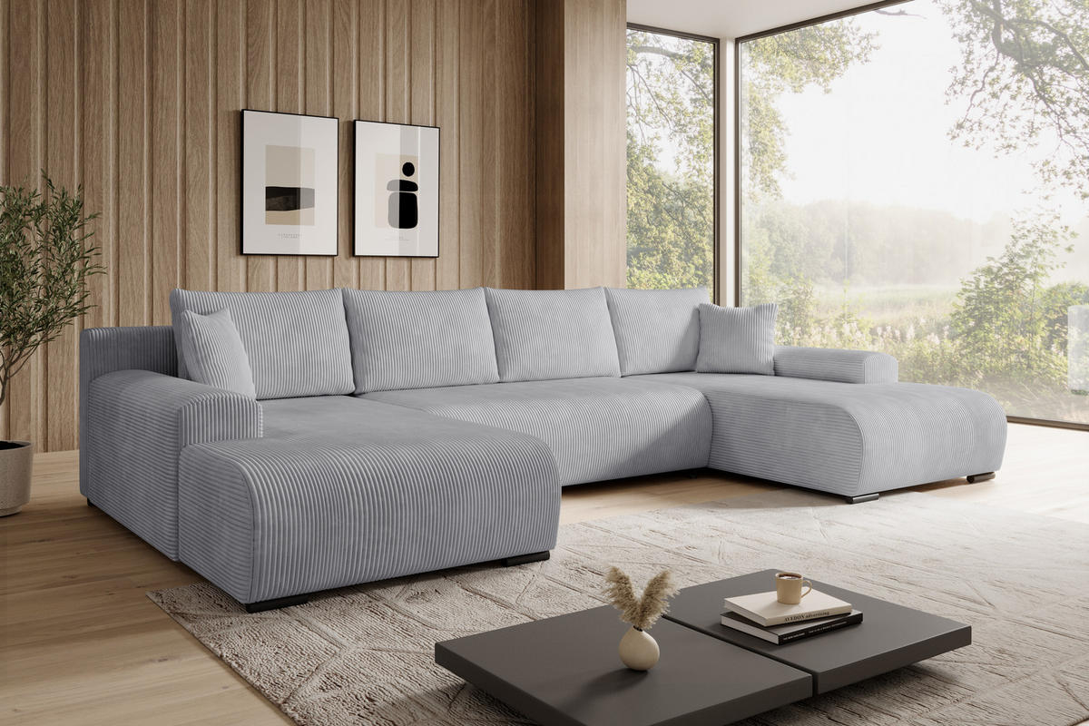 WOHNLANDSCHAFT Nelly U mit Bettkasten und Schlaffunktion, Cordstoff in U-Form - Grau, Textil (349/80/185cm)