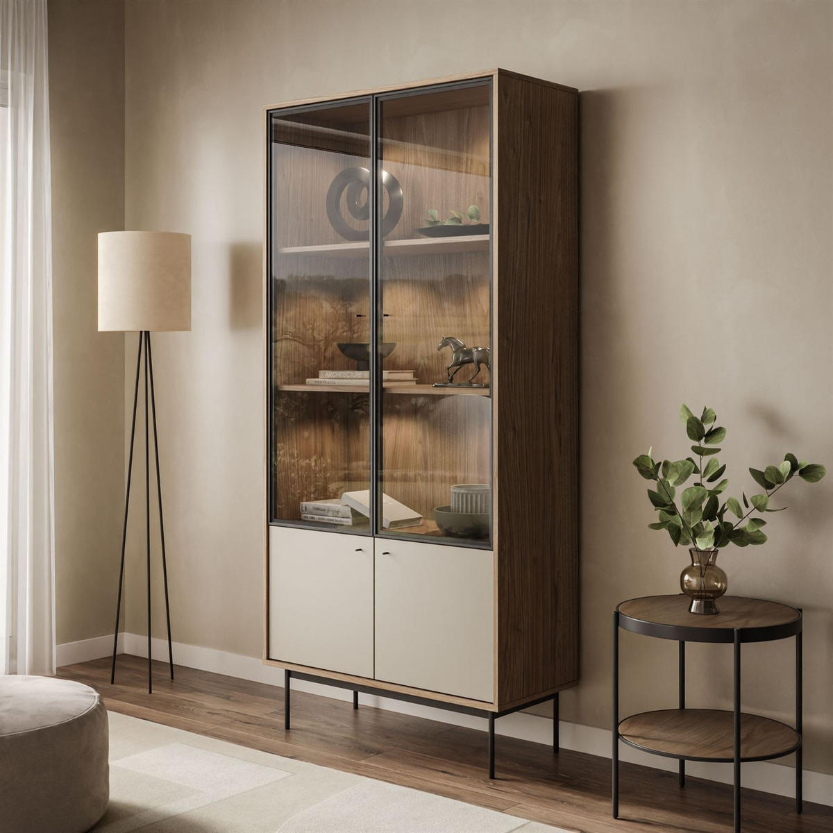 VITRINE ISA, zweitürig mit LED-Beleuchtung - Eichefarben, Holzwerkstoff (90/193/40cm) - Lookway