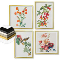 WANDBILDER 4er Set - 50x50 cm & 40x60 cm Goldrahmen - Gemalte Blumen, Retro-Vogel - Goldfarben, Kunststoff (50/50cm) - ArtPrintCave