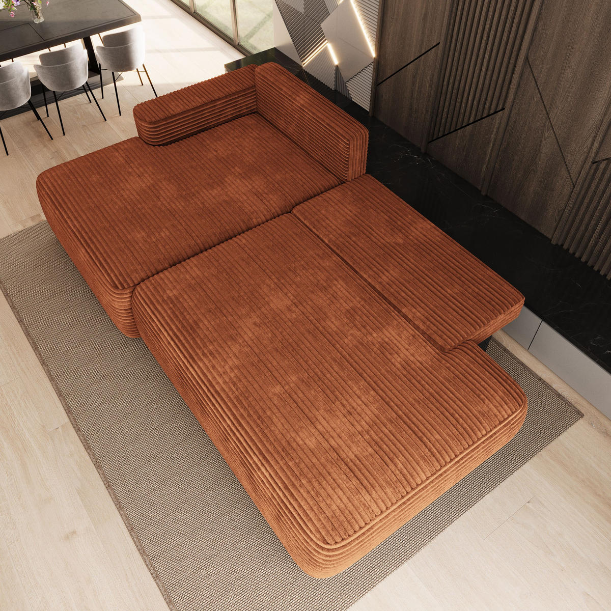 ECKSOFA AVINI T L-S Braun Kordstoff mit Schlaffunktion - Braun, Holzwerkstoff/Textil (277/160cm) - MASSENO