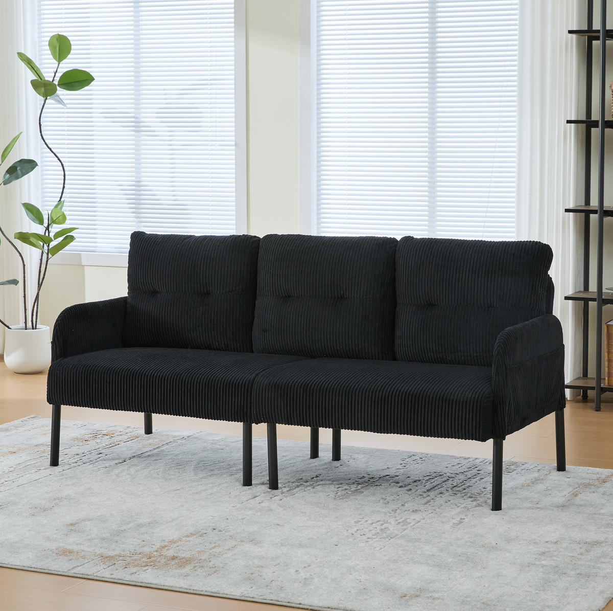 SOFA mit Seitentasche 171 x 72 x 80 cm Cord Schwarz 3-Sitzer - Schwarz, Textil (171/80/72cm) - IVMEU