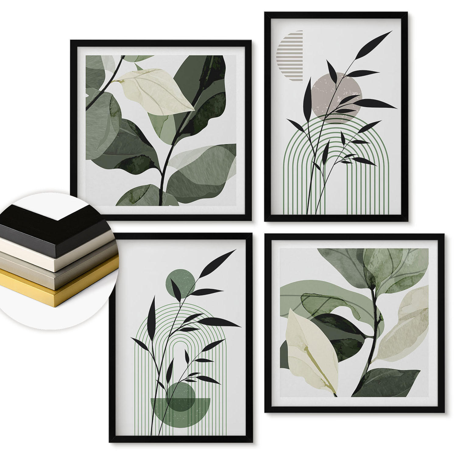WANDBILDER 4er-Set - 50x50 cm & 40x60 cm Schwarzer Rahmen - Boho-Pflanzenkompositionen - Schwarz, Kunststoff (50/50cm) - ArtPrintCave