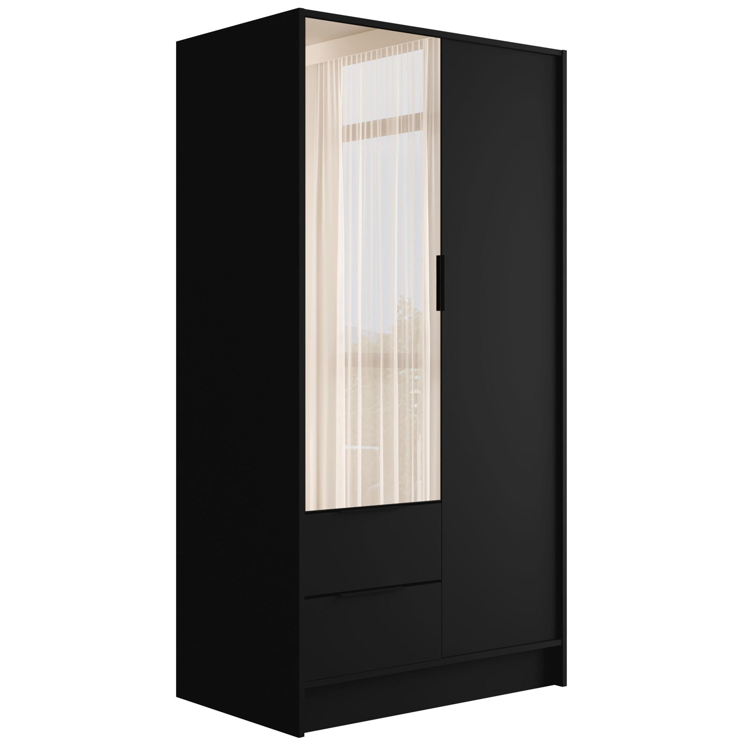 KLEIDERSCHRANK mit Spiegel und Flügeltüren KOLIN 100x200cm Schwarz - Schwarz, Holzwerkstoff (102/200/51cm) - ALTDECOR