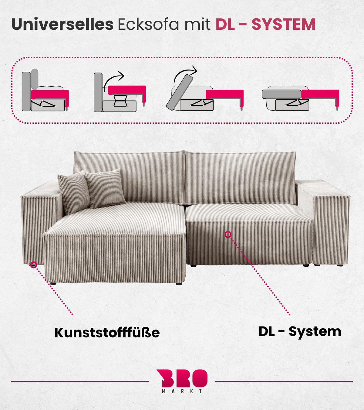 ECKSOFA Pedro mit Schlaffunktion Weiß Cord - Weiß, Textil (255/153cm) - Bromarkt