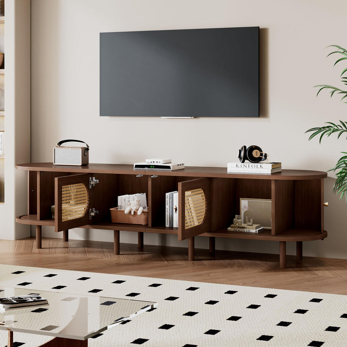 TV stolek z MDF 180x40x40 cm tmavý dub se 2 dvířky, 2 roletovými dvířky a ratanovým dekorem - hnědá, kompozitní dřevo (180/40/40cm) - Modfu