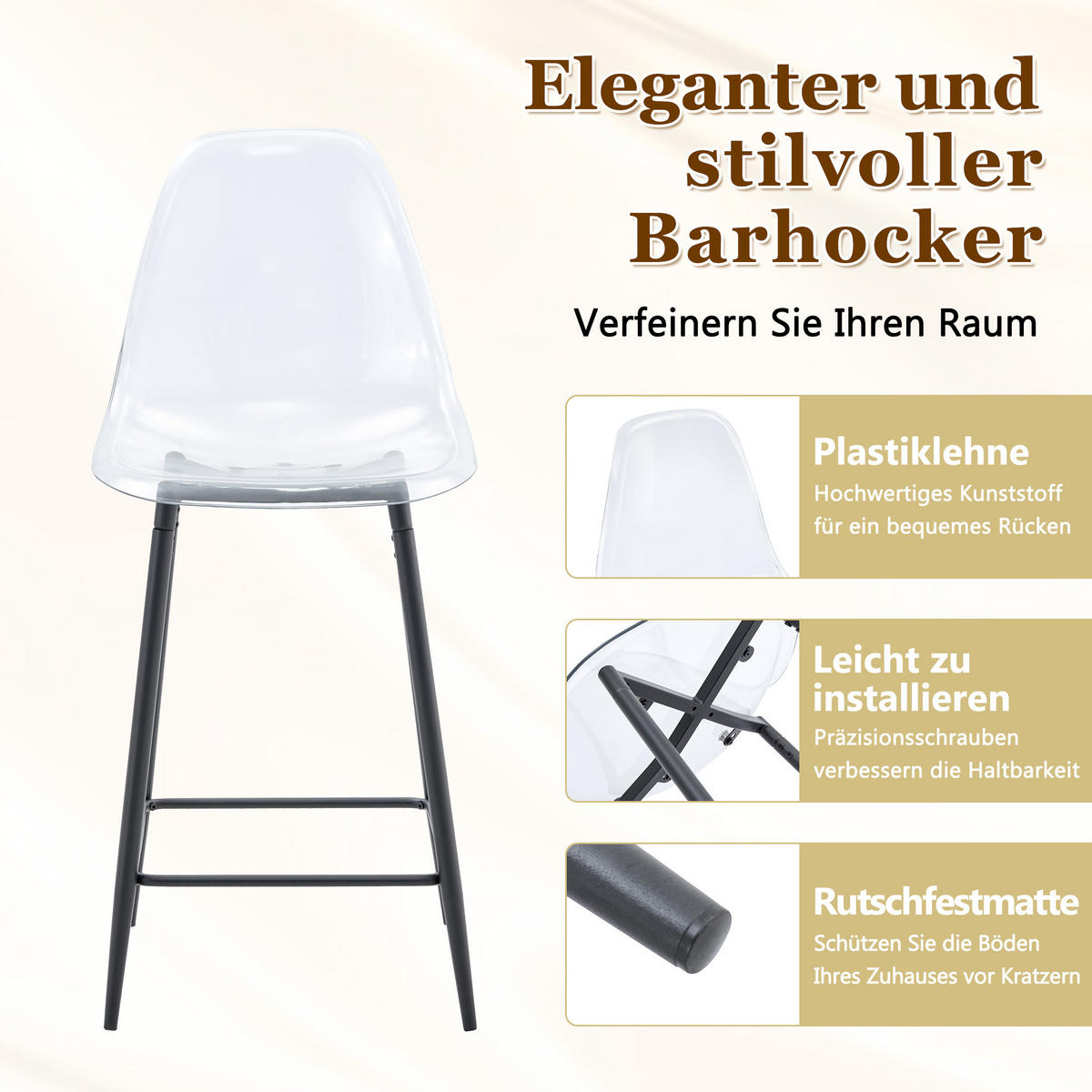 BARHOCKER DE-36582 4er Set mit transparenter Sitzschale Silber - Schwarz, Kunststoff (45/102/51cm) - ComfortXL