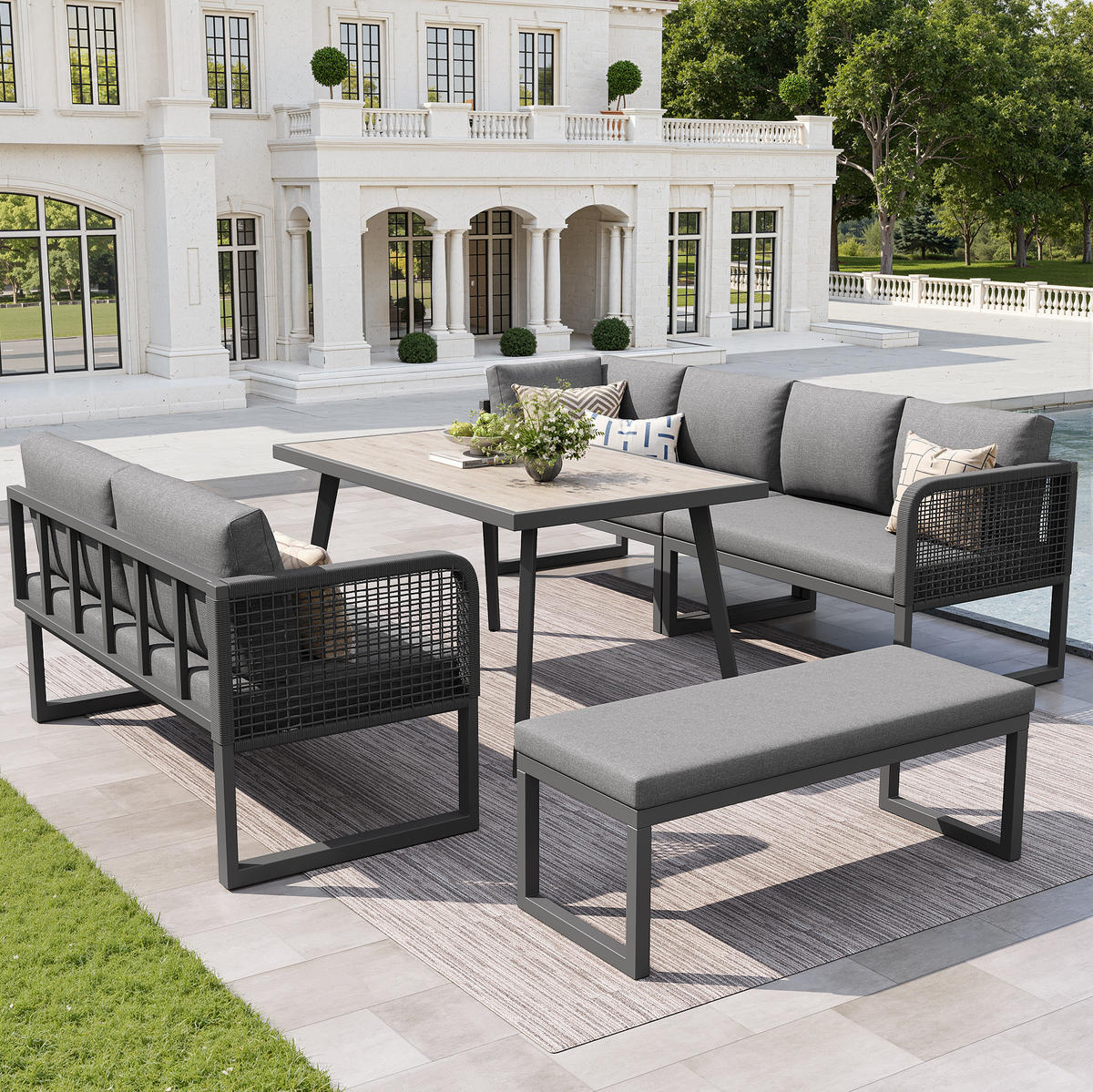 GARTENLOUNGE-SET aus PE-Rattan mit Tisch & waschbaren Kissen, 5-teilig, 121,5/61/77 cm, Grau - Grau, Kunststoff - Redom