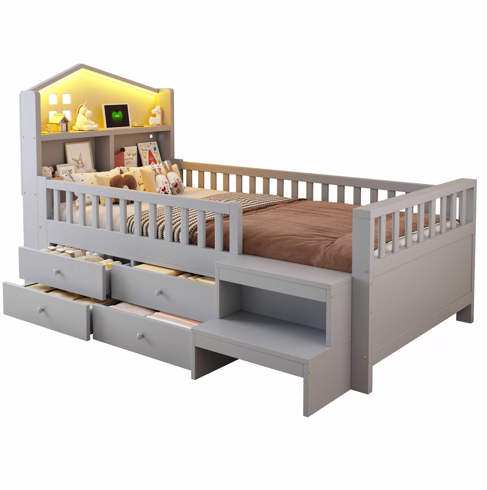 Redom DĚTSKÁ postýlka 90/200 cm s LED osvětlením, úložnými zásuvkami, schůdky a USB/Type-C porty, Šedá