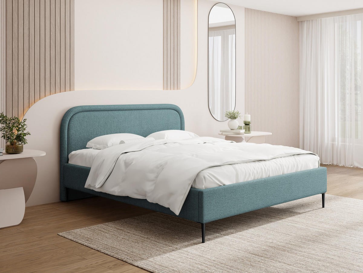 POLSTERBETT Jasmine Slim mit Bettkasten, Lattenrost & hohen Metallfüßen in Türkis Chenille 140x200 cm - Türkis/Birkefarben, Holz/Textil (140/200cm) - WFL GROUP