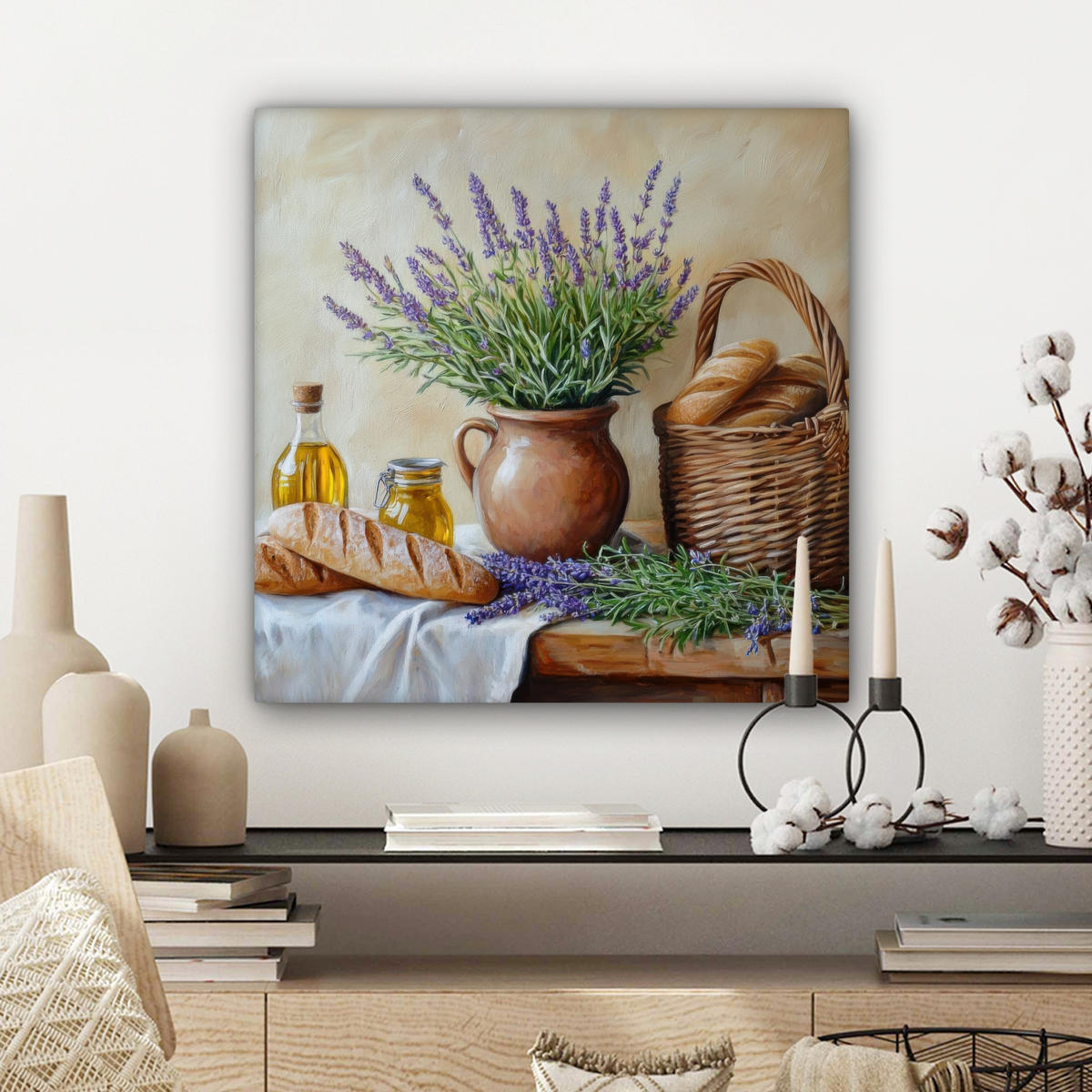 LEINWANDBILD Lavendel - Brot - Stilleben Wandbild Wohnzimmer 50x50 cm - Flieder, Textil (50/50cm) - MuchoWow