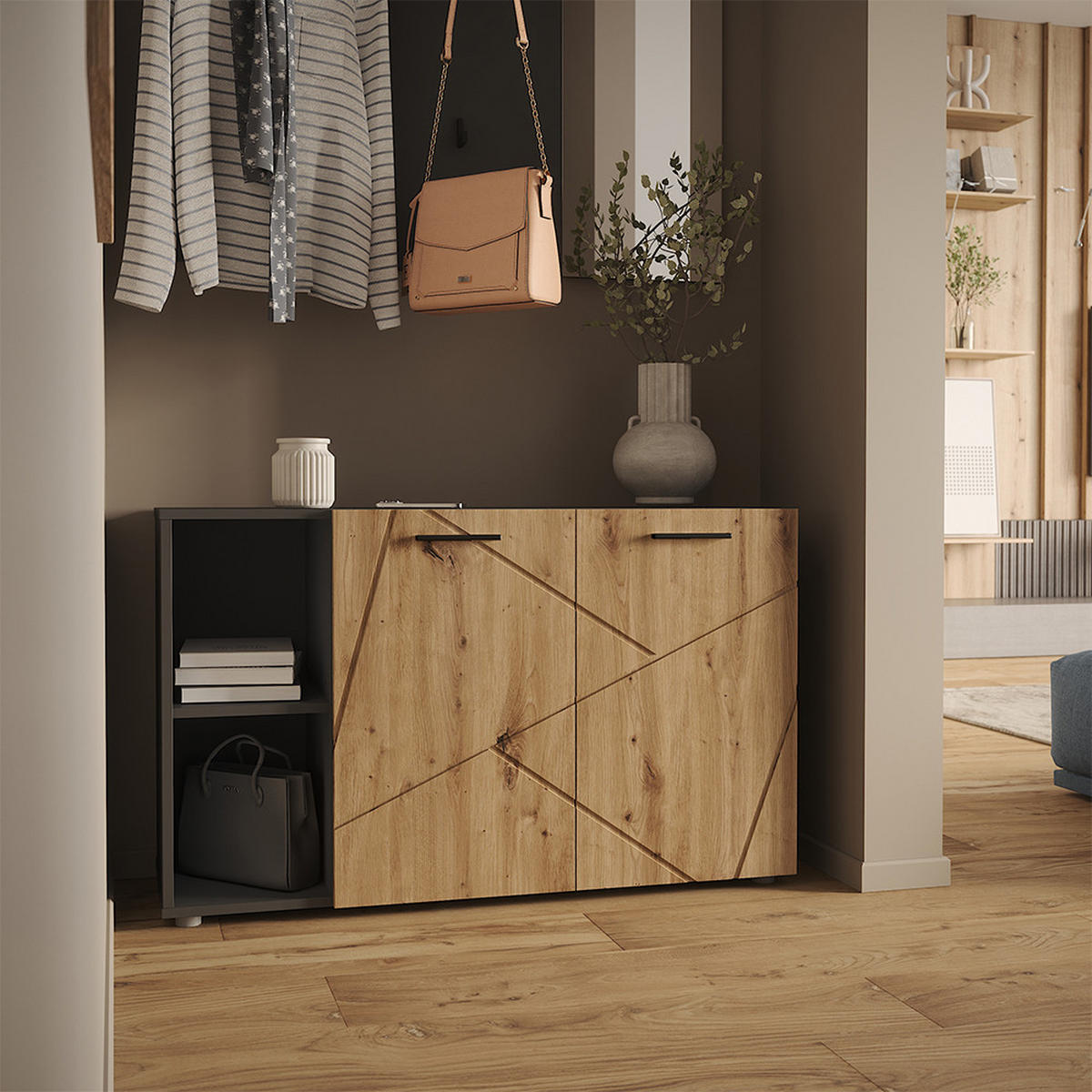 SCHUHSCHRANK Irma Anthrazit/Artisan 106 x 63 cm mit 2 Türen - Anthrazit, Holzwerkstoff (106/63/37cm) - Vicco