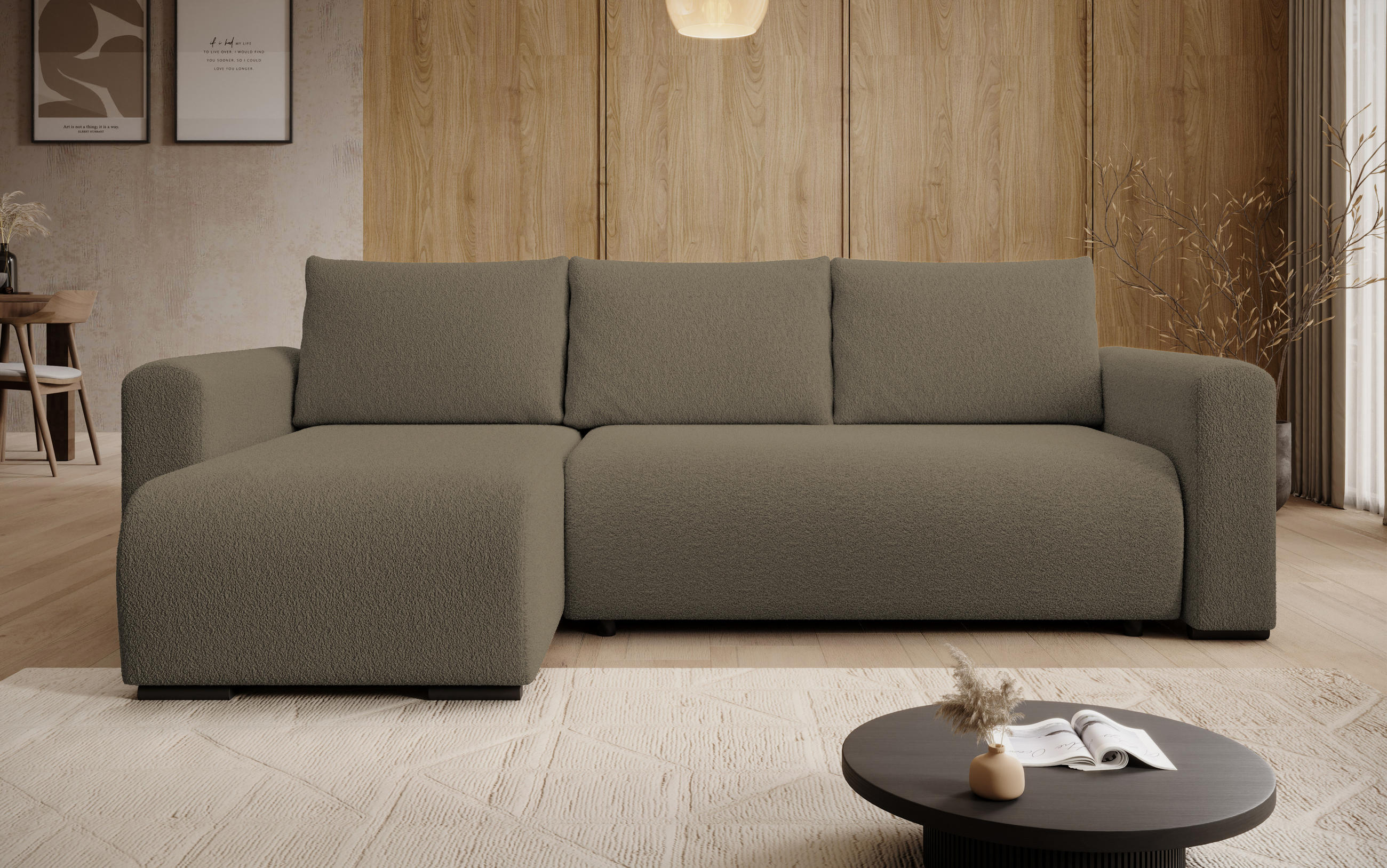 ECKSOFA DORA L, Eckcouch in L-Form mit Schlaffunktion und Bettkasten, Farbe: Cappuccino, Bouclé-Stoff, Ottomane Links - Cappuccino, Textil (240/143cm) - Storez24