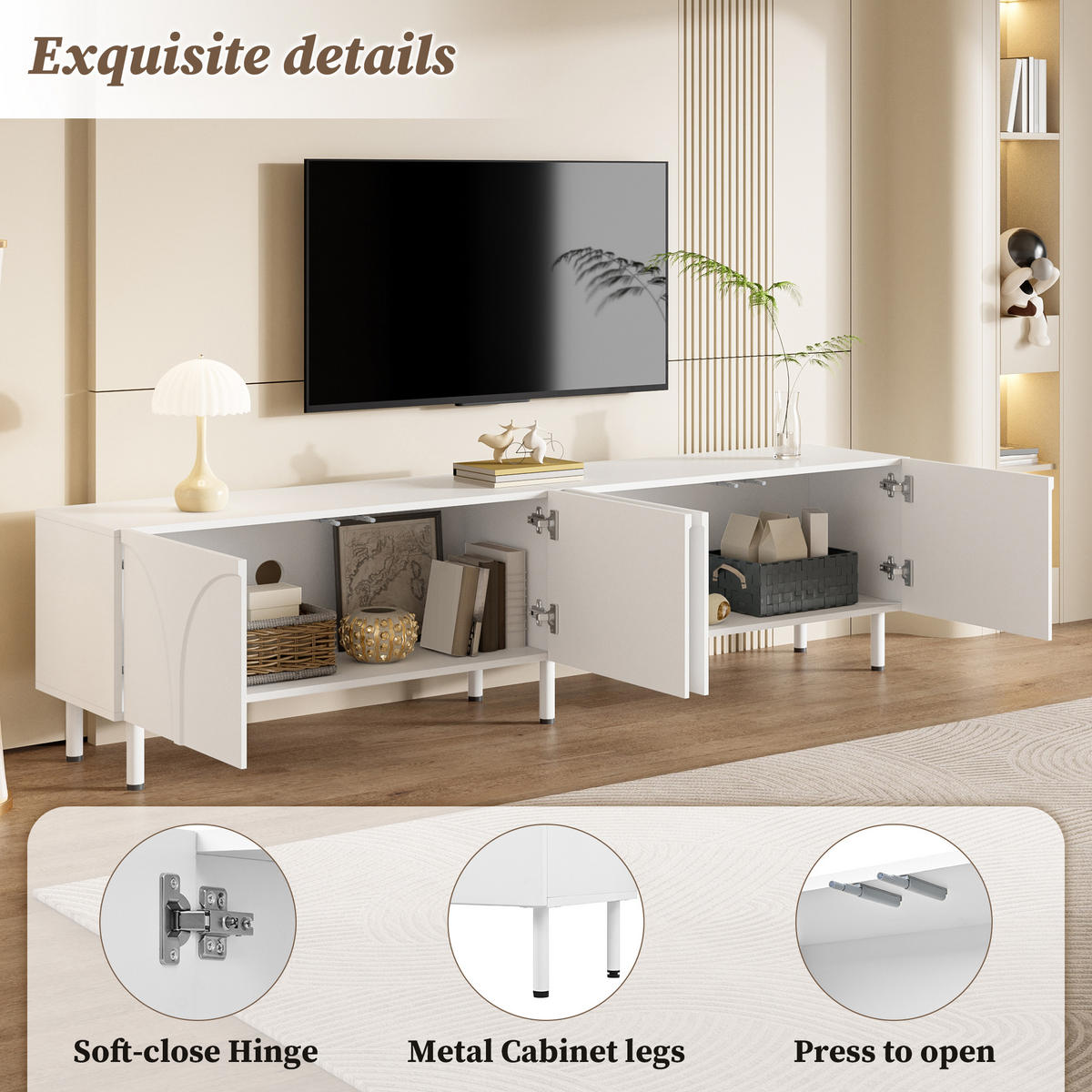 TV-SCHRANK Weiß 180/35/49 cm, 4 Türen, Metallfüße, 3D-Design - Weiß, Holzwerkstoff (180/49/35cm) - PANGIVO