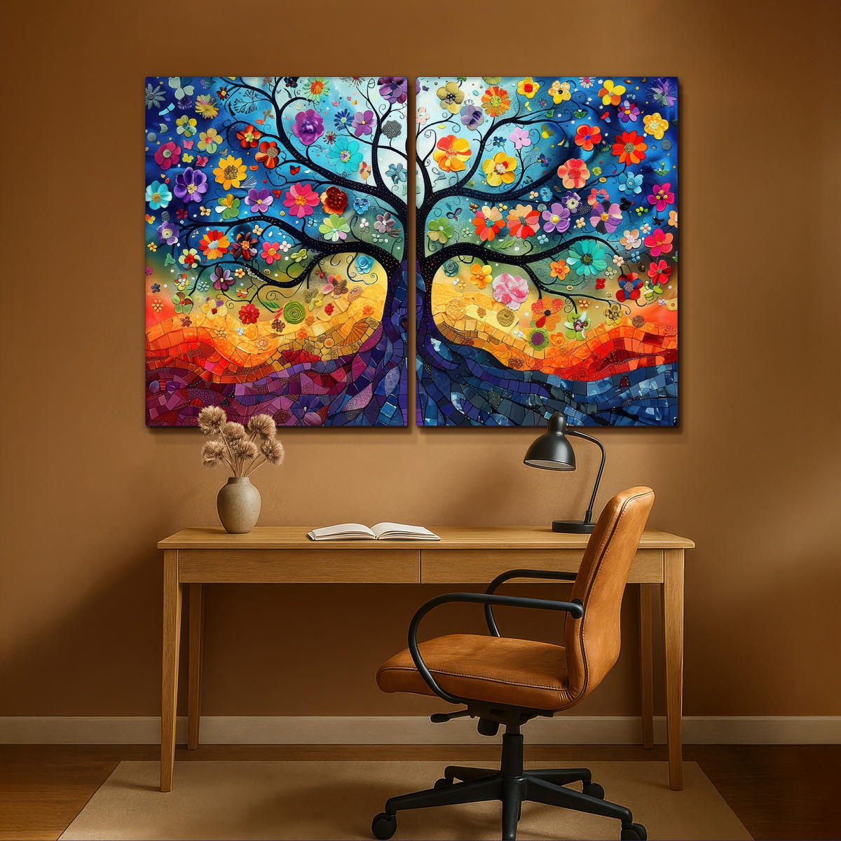 LEINWANDBILD 2er Set Bunt - Baum des Lebens - Blumen - Abstrakt 180x120 cm - Blau, Textil (180/120cm) - MuchoWow