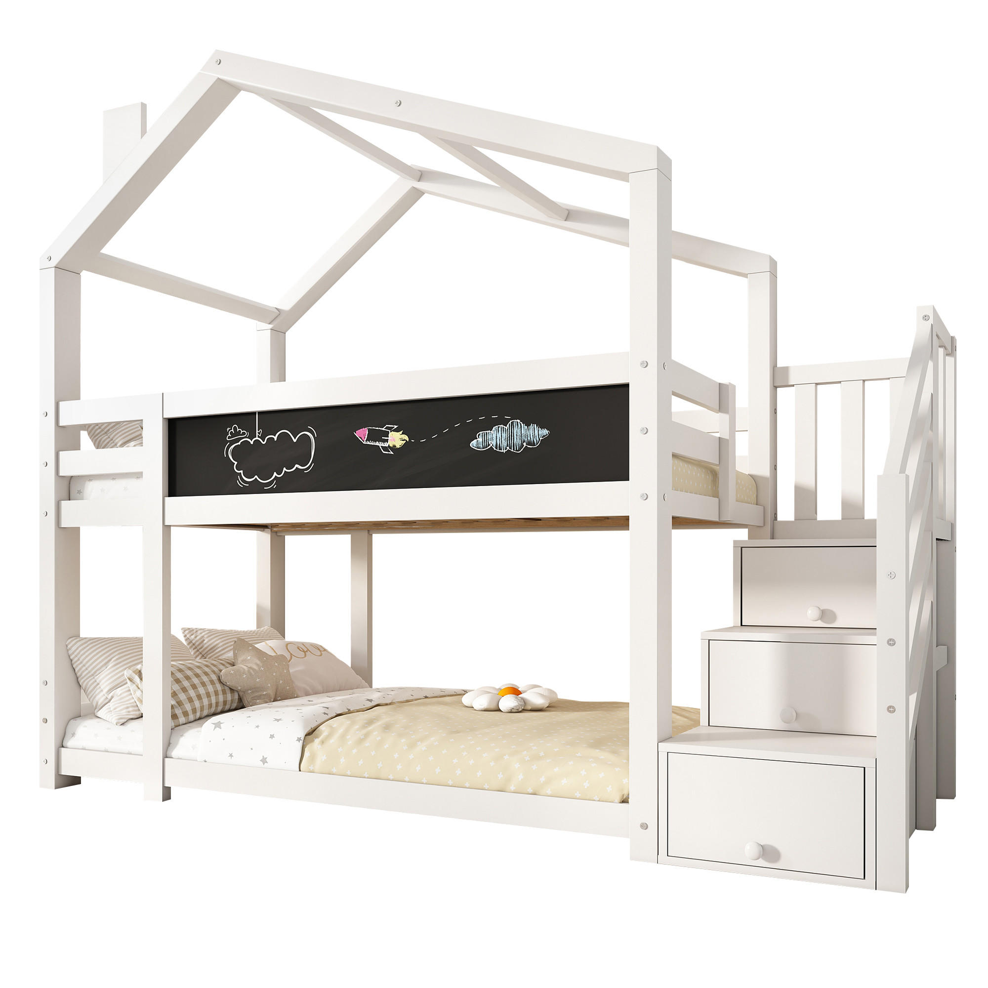 ETAGENBETT 90/200 cm mit Stauraumtreppe, Tafel und Rausfallschutz, Weiß - Weiß, Holzwerkstoff - Redom