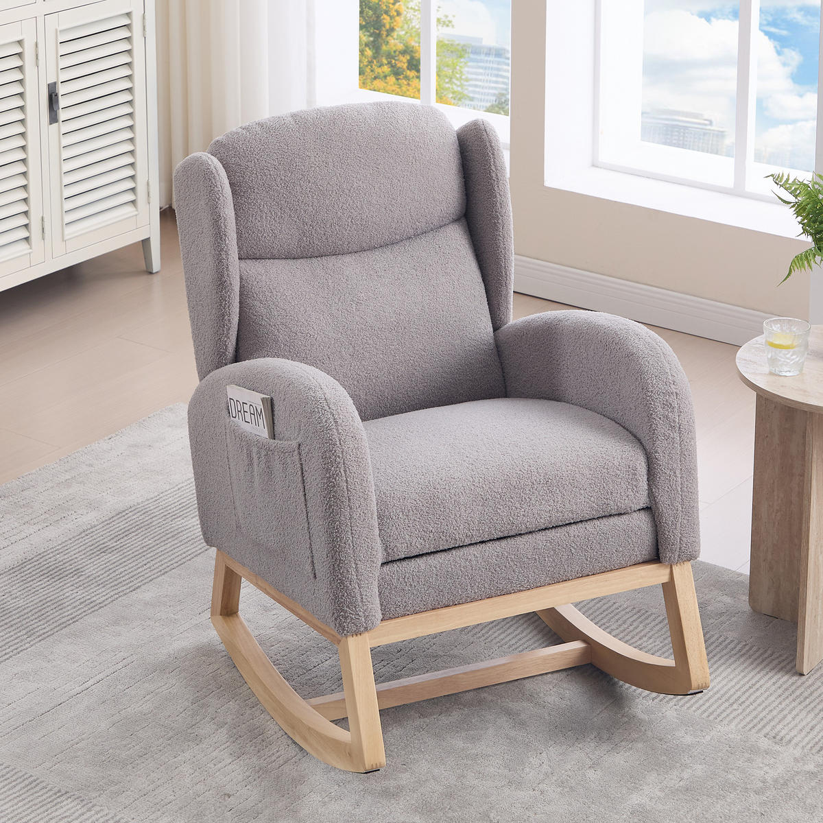 SCHAUKELSTUHL Teddy-Stoff mit Fußstütze und Seitentaschen 122.5/70/104 cm Grau - Grau, Textil (70/104/122.5cm) - Redom