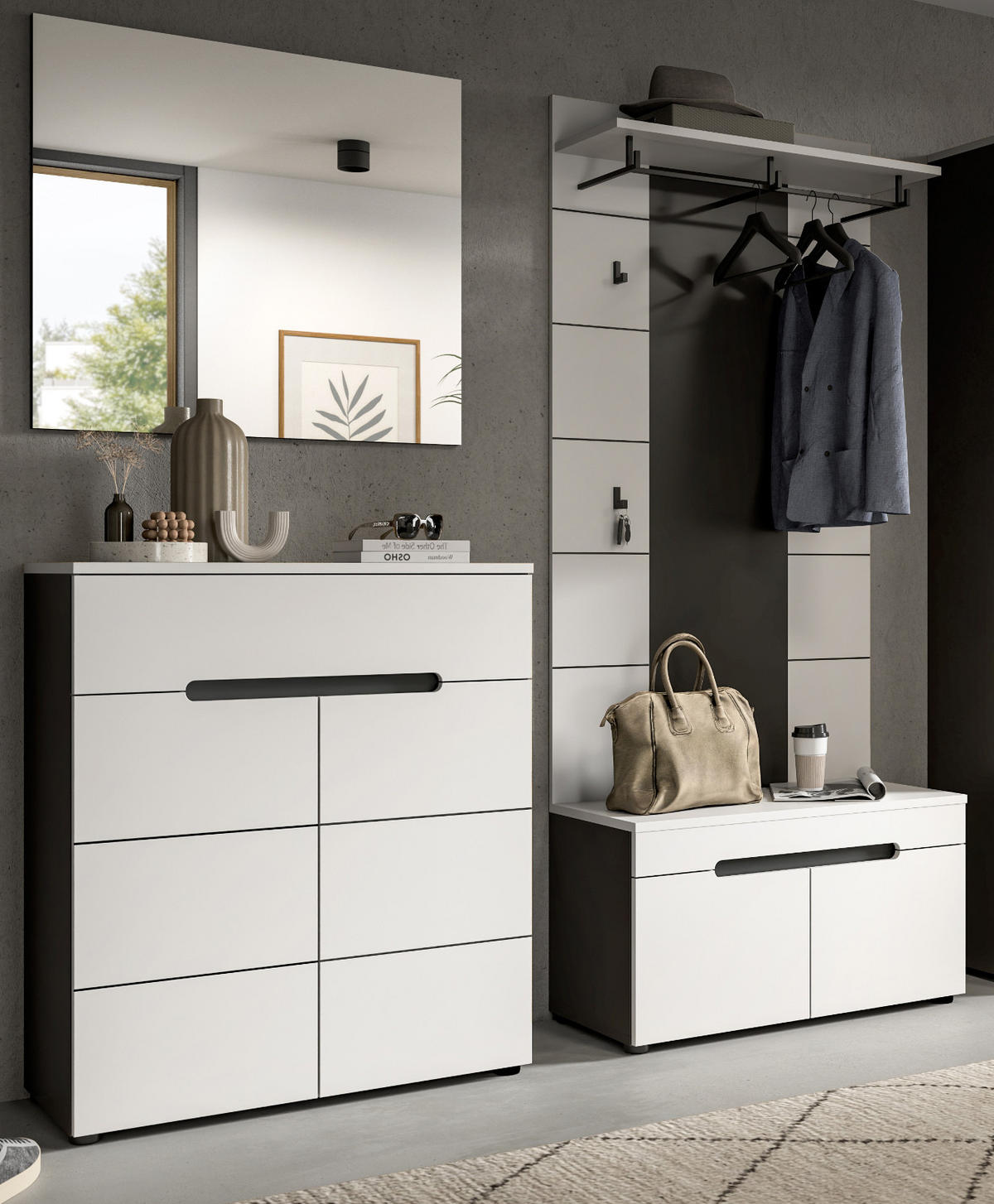 GARDEROBEN-SET 4-teilig weiß, grau 175 cm, Komplettset mit Soft-Close-Funktion, Cooper - Schwarz/Weiß, Glas/Holzwerkstoff (175/190/37cm) - Inn.Furn