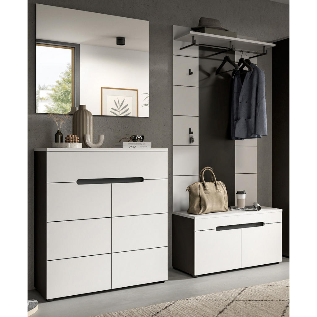 Thumbnail - Inn.Furn Garderoben-Set, Weiß, Grau, Holzwerkstoff, Glas, Metall, Nachbildung, Uni, 3 Fächer, 1 Schubladen, 175x190x37 c...