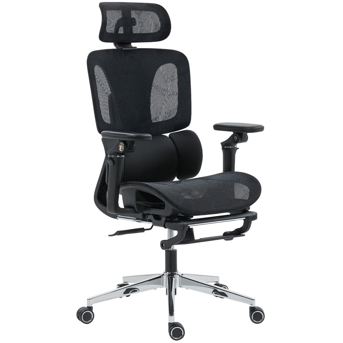 BÜROSTUHL Ergonomisch Schreibtischstuhl mit verstellbar Lenden- und Kopfstütze 6D-Klapparmlehnen Fußstütze Netz Schwarz - Schwarz, Textil (67/133/71cm)